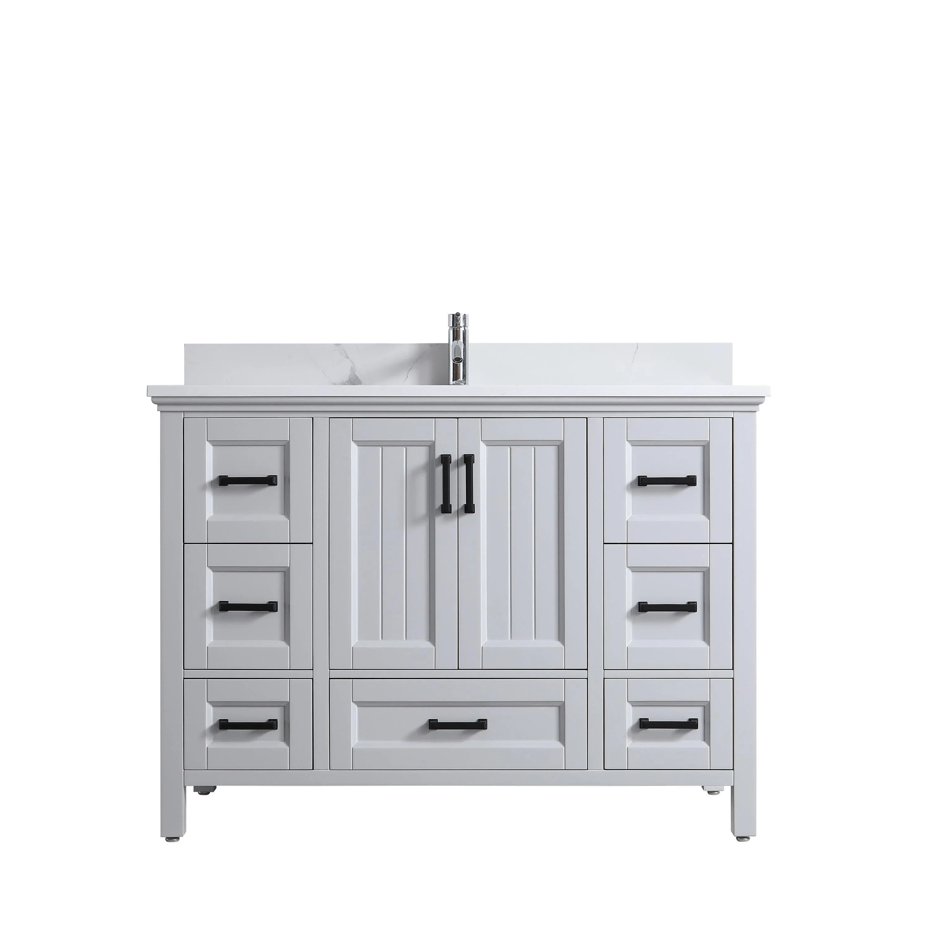 48" Hampton Grey Freestanding Bathroom Vanity with Engineered Calcutta Marble Countertop & Matte Black Handles-Migration_Bathroom Vanities-DECOROLALA