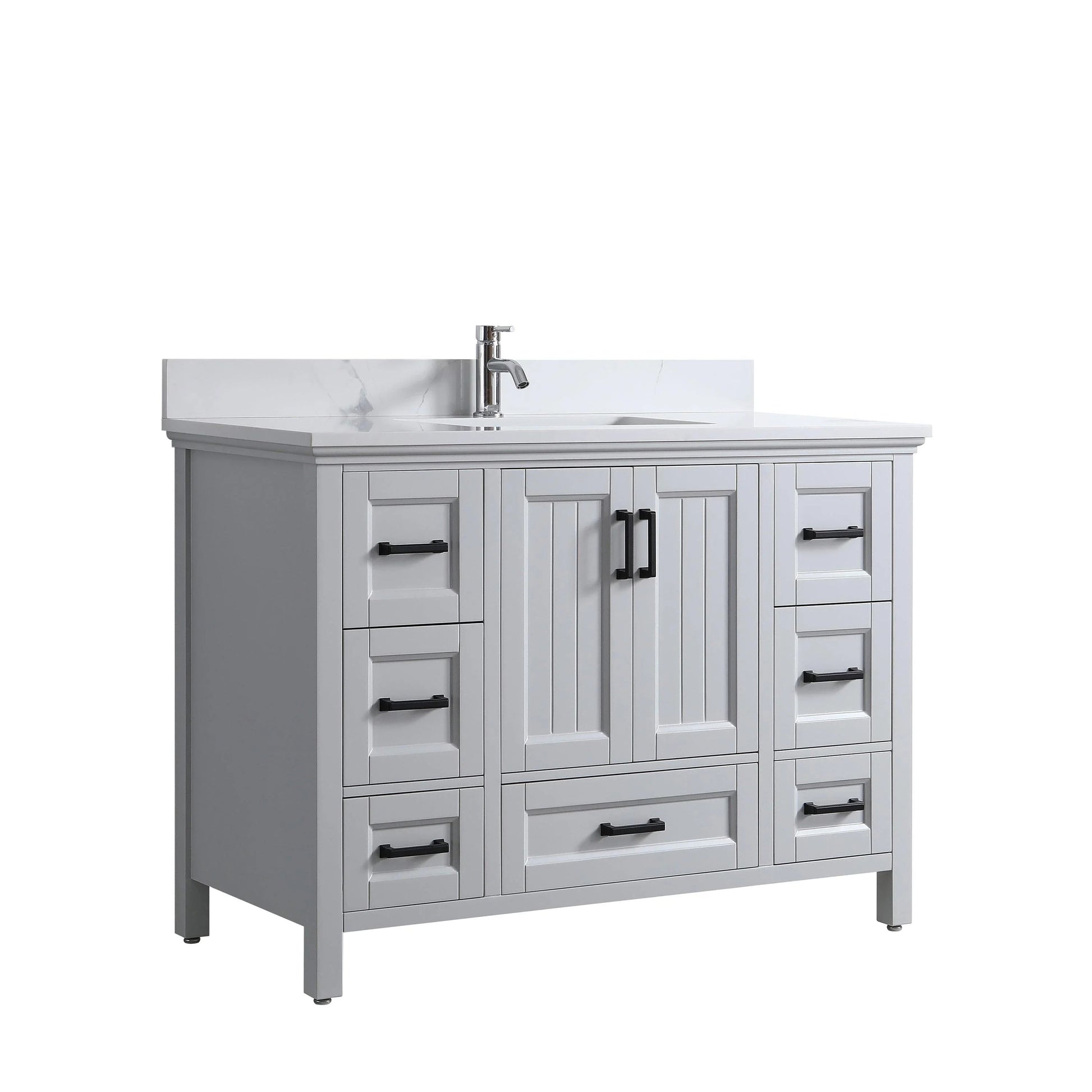 48" Hampton Grey Freestanding Bathroom Vanity with Engineered Calcutta Marble Countertop & Matte Black Handles-Migration_Bathroom Vanities-DECOROLALA