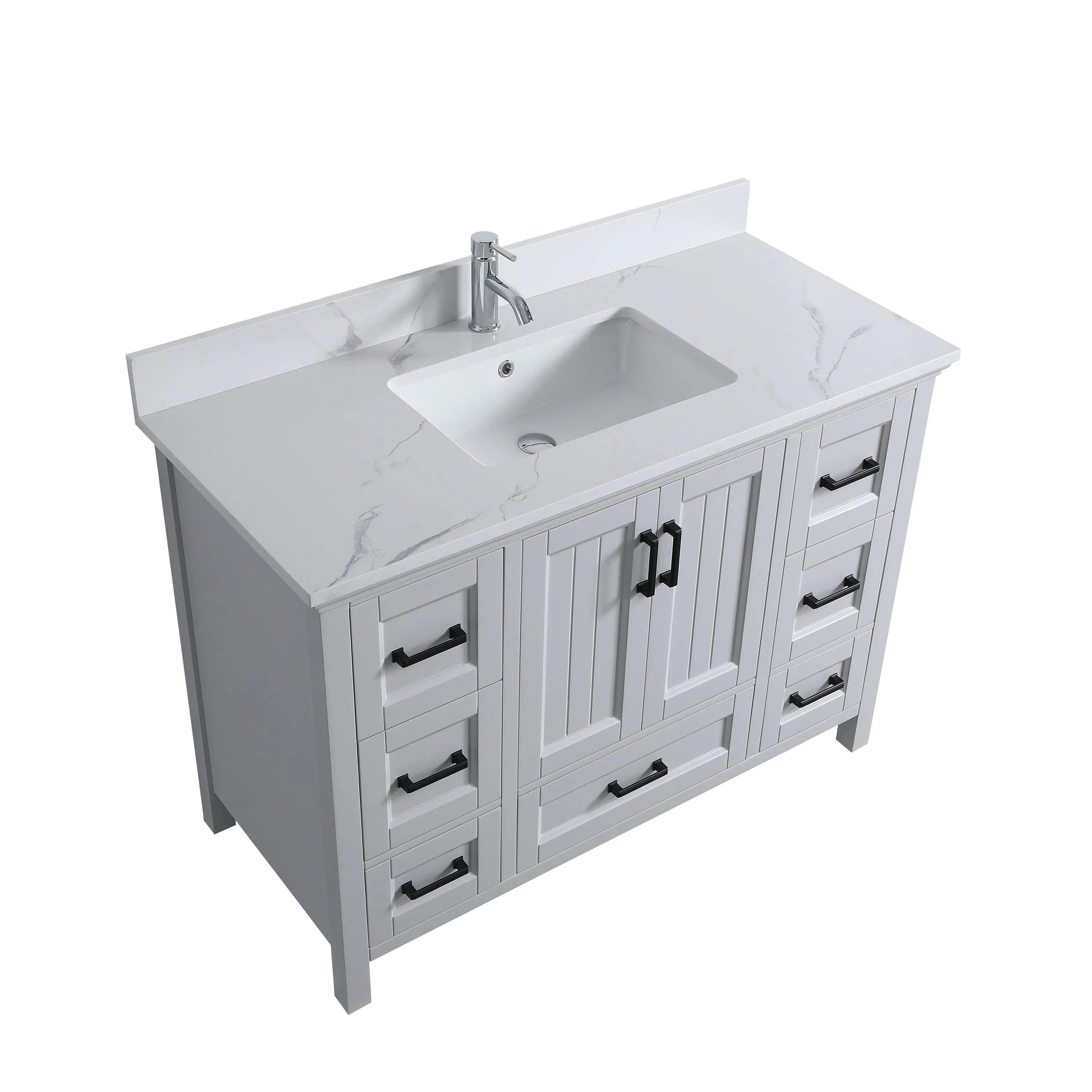 48" Hampton Grey Freestanding Bathroom Vanity with Engineered Calcutta Marble Countertop & Matte Black Handles-Migration_Bathroom Vanities-DECOROLALA