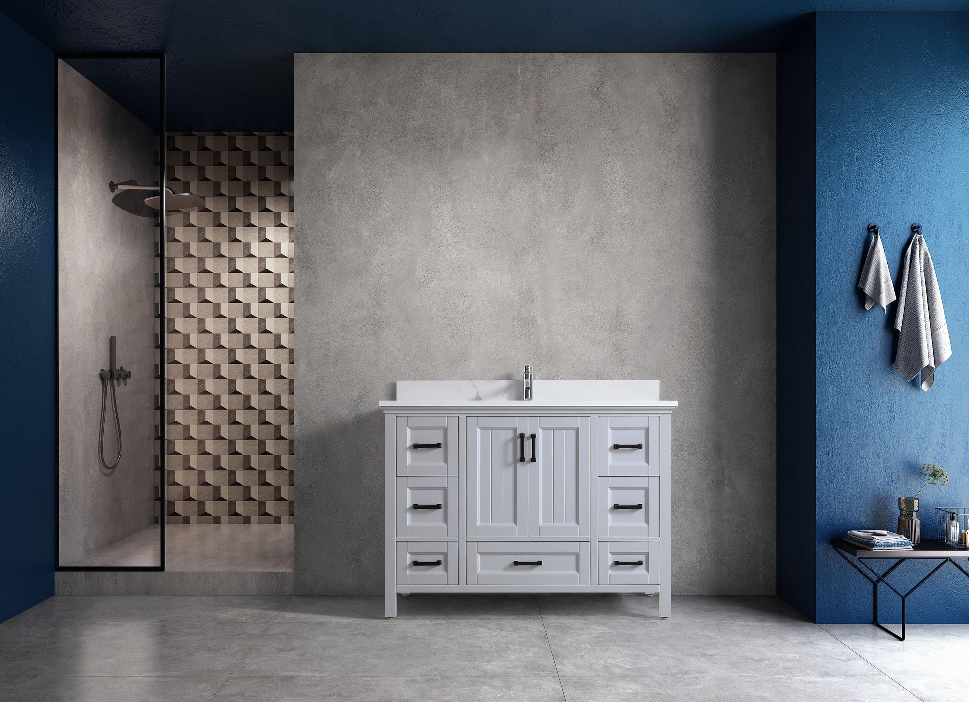 48" Hampton Grey Freestanding Bathroom Vanity with Engineered Calcutta Marble Countertop & Matte Black Handles-Migration_Bathroom Vanities-DECOROLALA