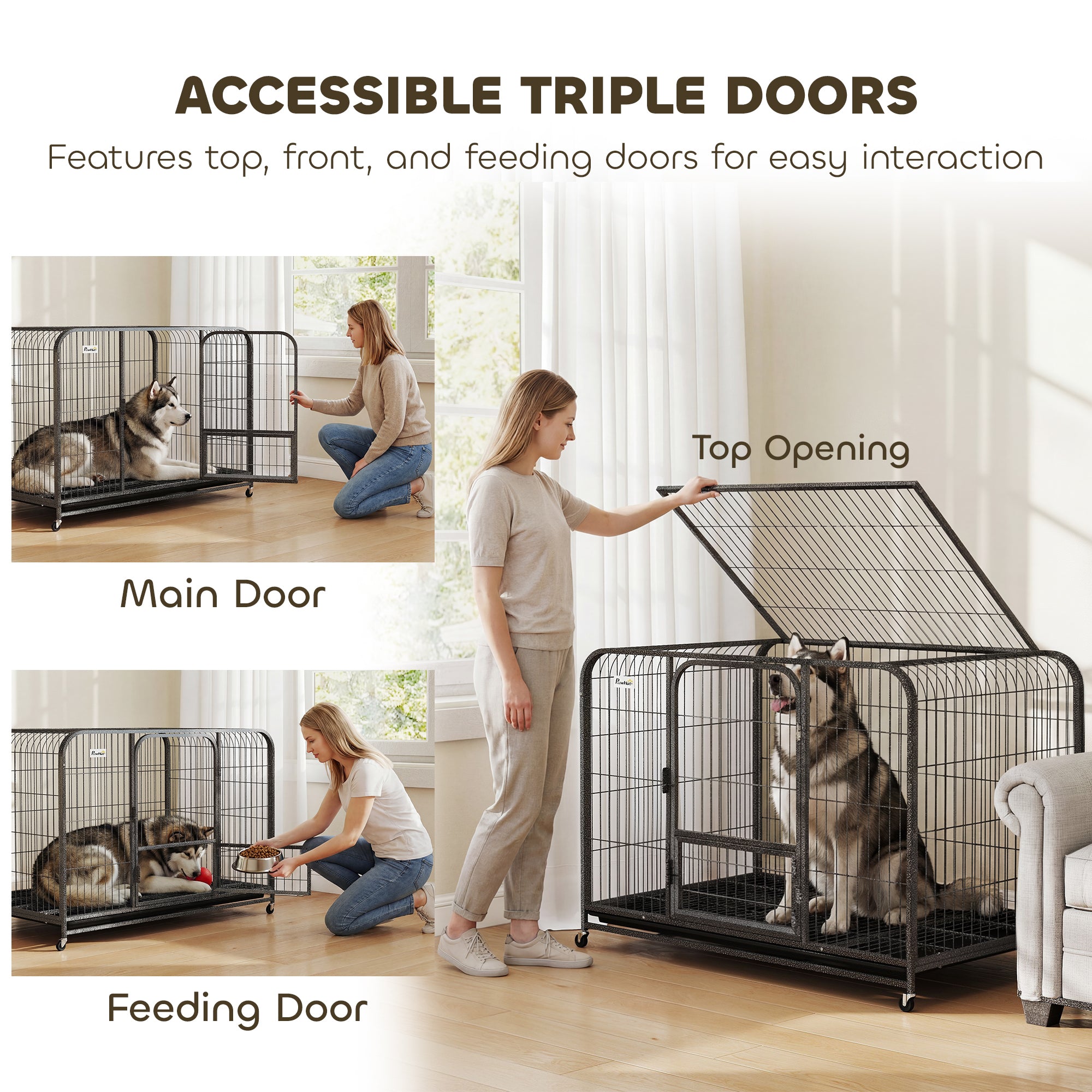 48" Heavy Duty Metal Dog Crate with Wheels - Black-DECOROLALA