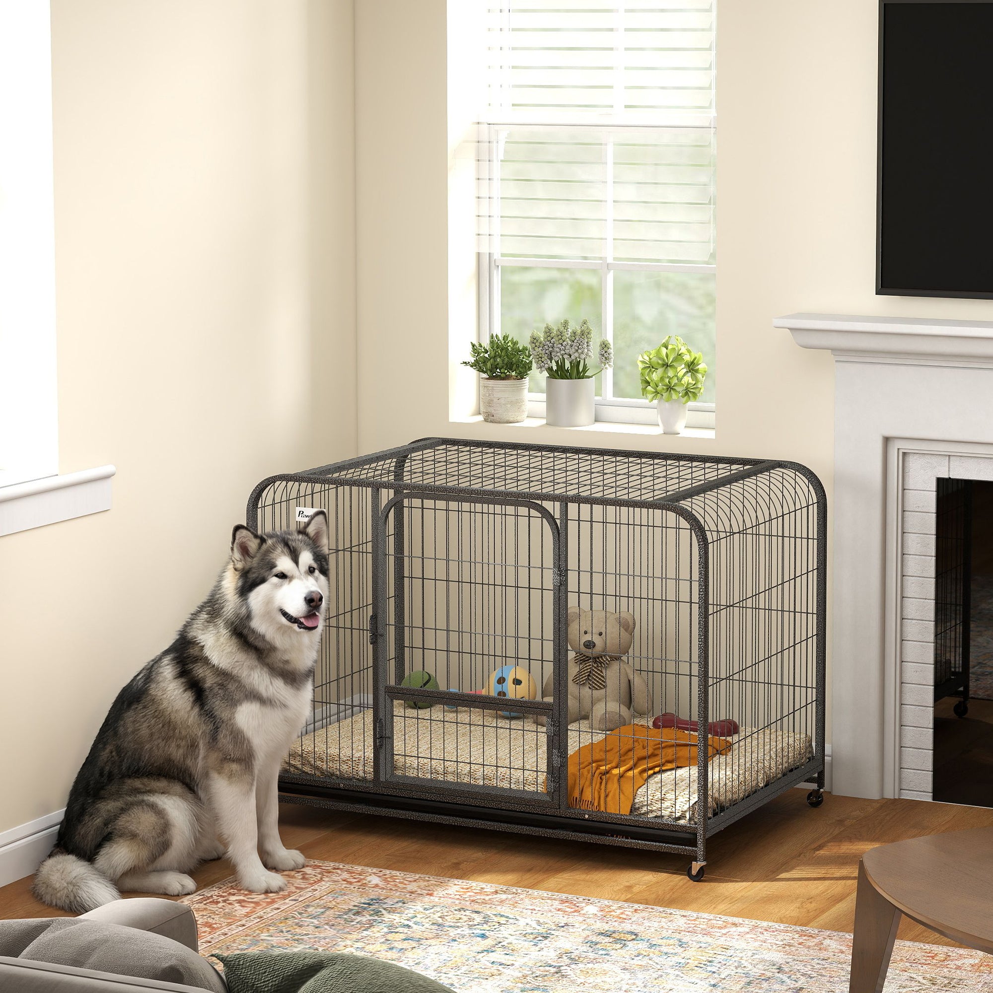 48" Heavy Duty Metal Dog Crate with Wheels - Black-DECOROLALA