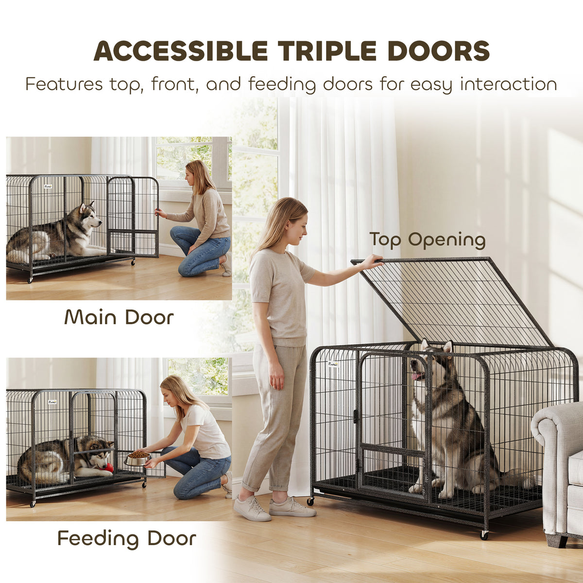 48" Heavy Duty Metal Dog Crate with Wheels and Tray - Black-Dogs-DECOROLALA