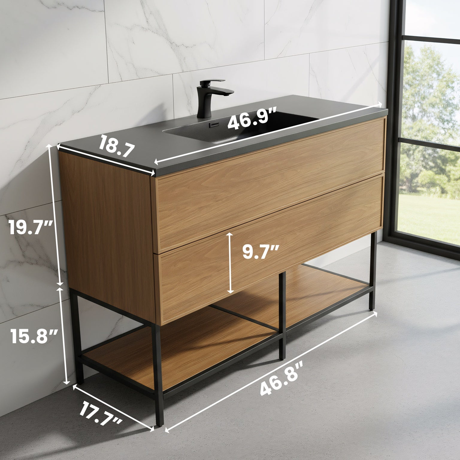 48" Honey Gold Walnut Wall Mount Bathroom Vanity with Black Engineered Quartz Countertop-Migration_Bathroom Vanities-DECOROLALA