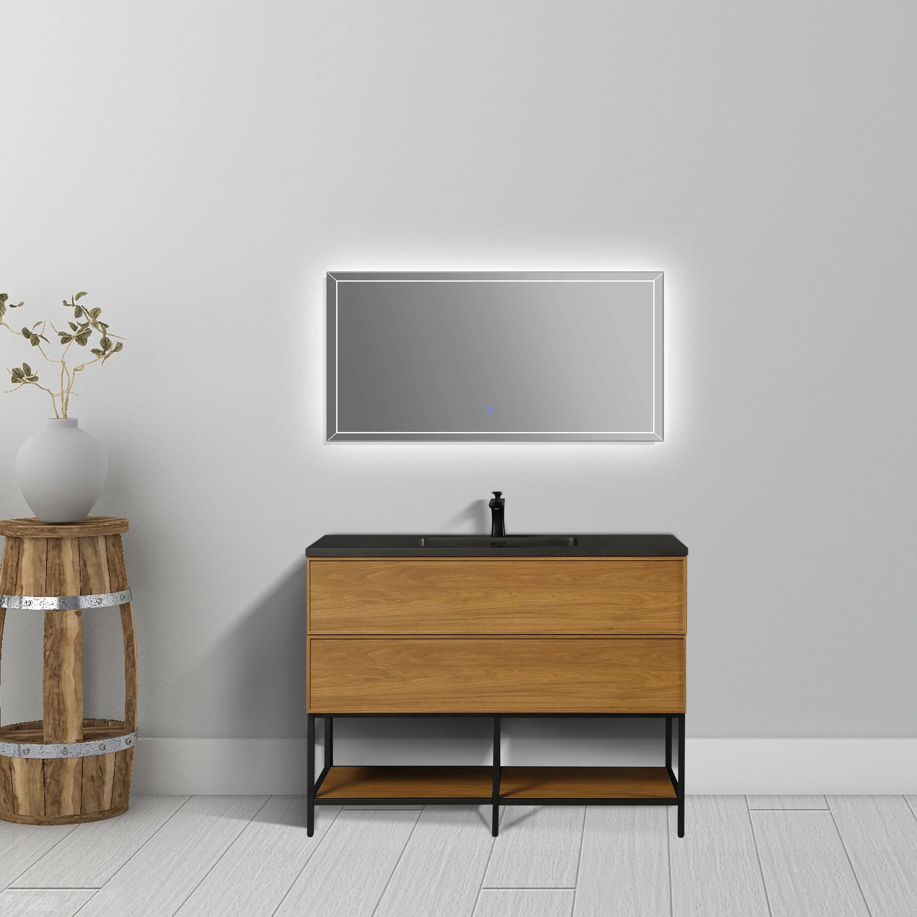 48" Honey Gold Walnut Wall Mount Bathroom Vanity with Black Engineered Quartz Countertop-Migration_Bathroom Vanities-DECOROLALA