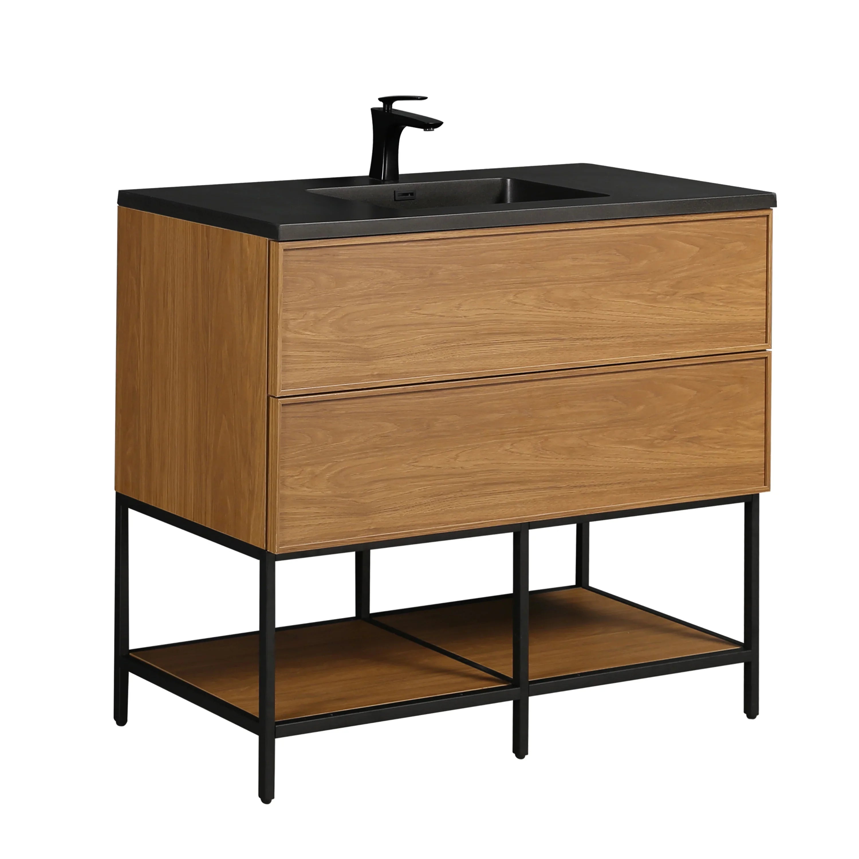 48" Honey Gold Walnut Wall Mount Bathroom Vanity with Black Engineered Quartz Countertop-Migration_Bathroom Vanities-DECOROLALA