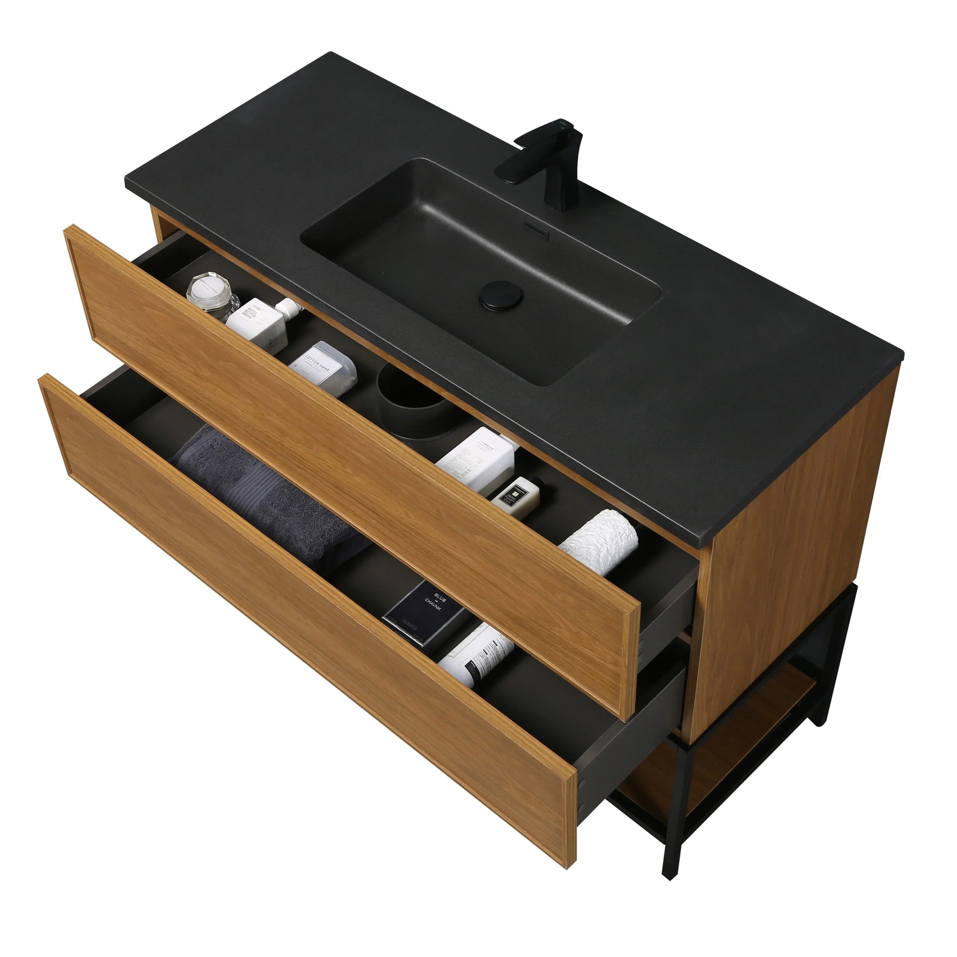 48" Honey Gold Walnut Wall Mount Bathroom Vanity with Black Engineered Quartz Countertop-Migration_Bathroom Vanities-DECOROLALA