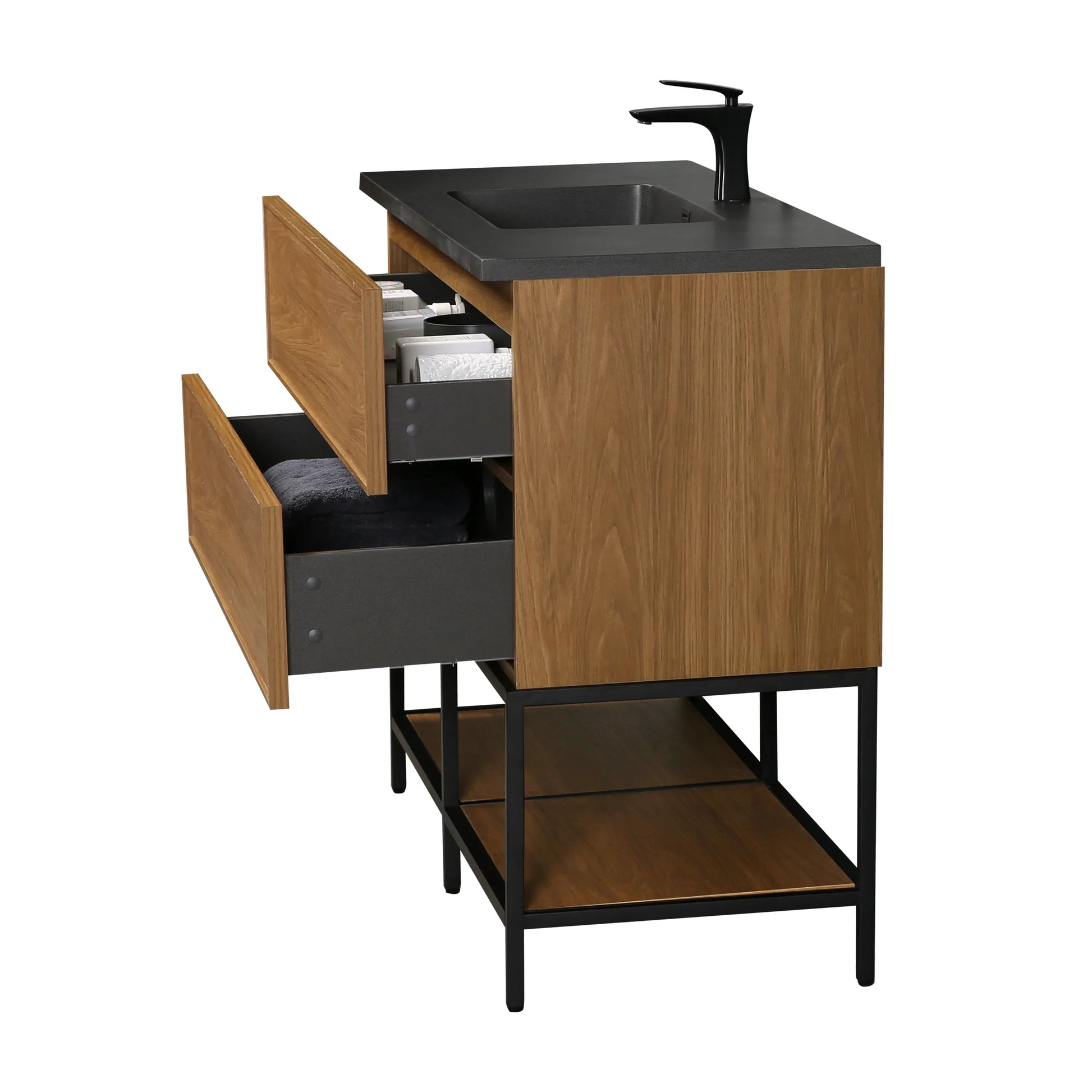 48" Honey Gold Walnut Wall Mount Bathroom Vanity with Black Engineered Quartz Countertop-Migration_Bathroom Vanities-DECOROLALA