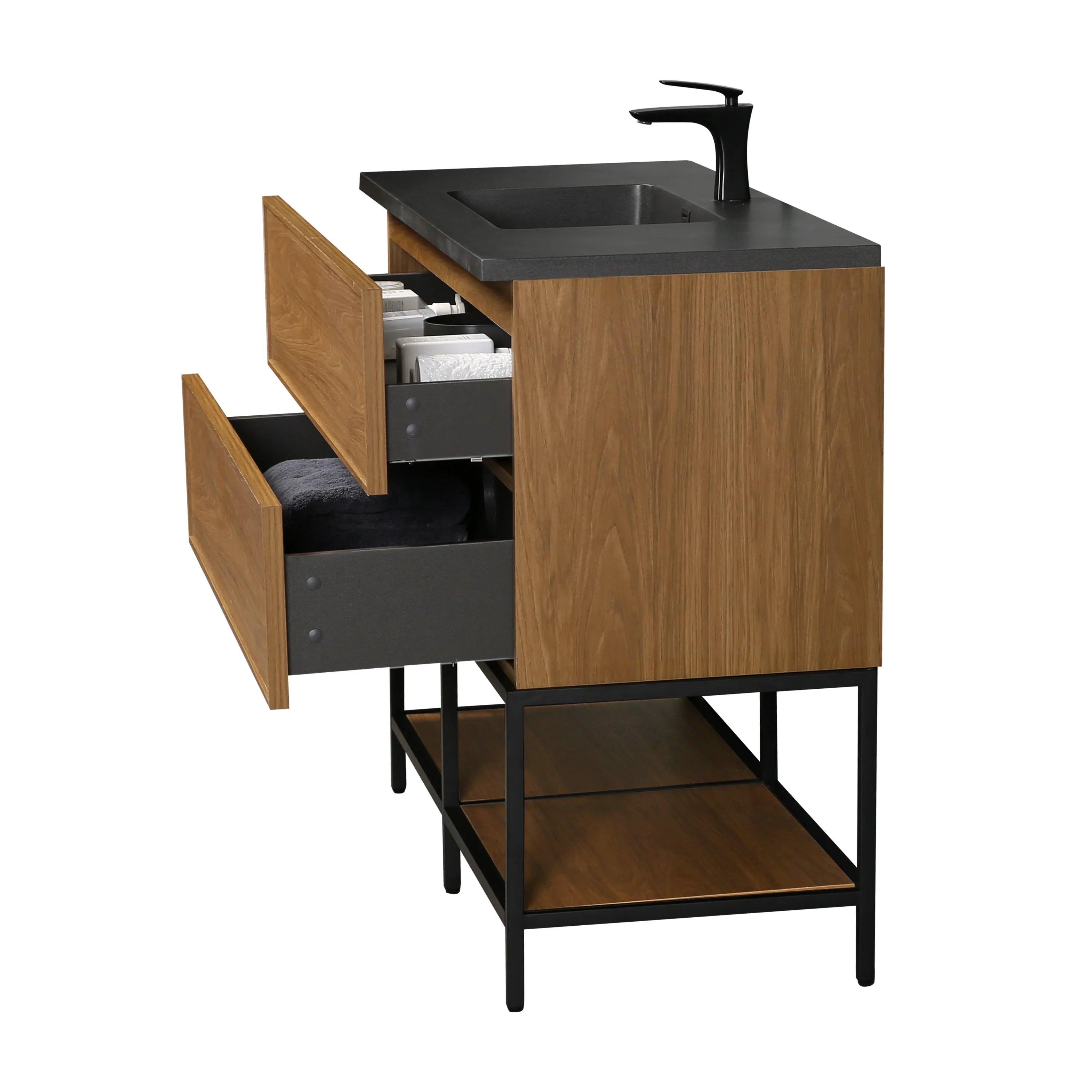 48" Honey Gold Walnut Wall Mount Bathroom Vanity with Black Engineered Quartz Countertop-Migration_Bathroom Vanities-DECOROLALA