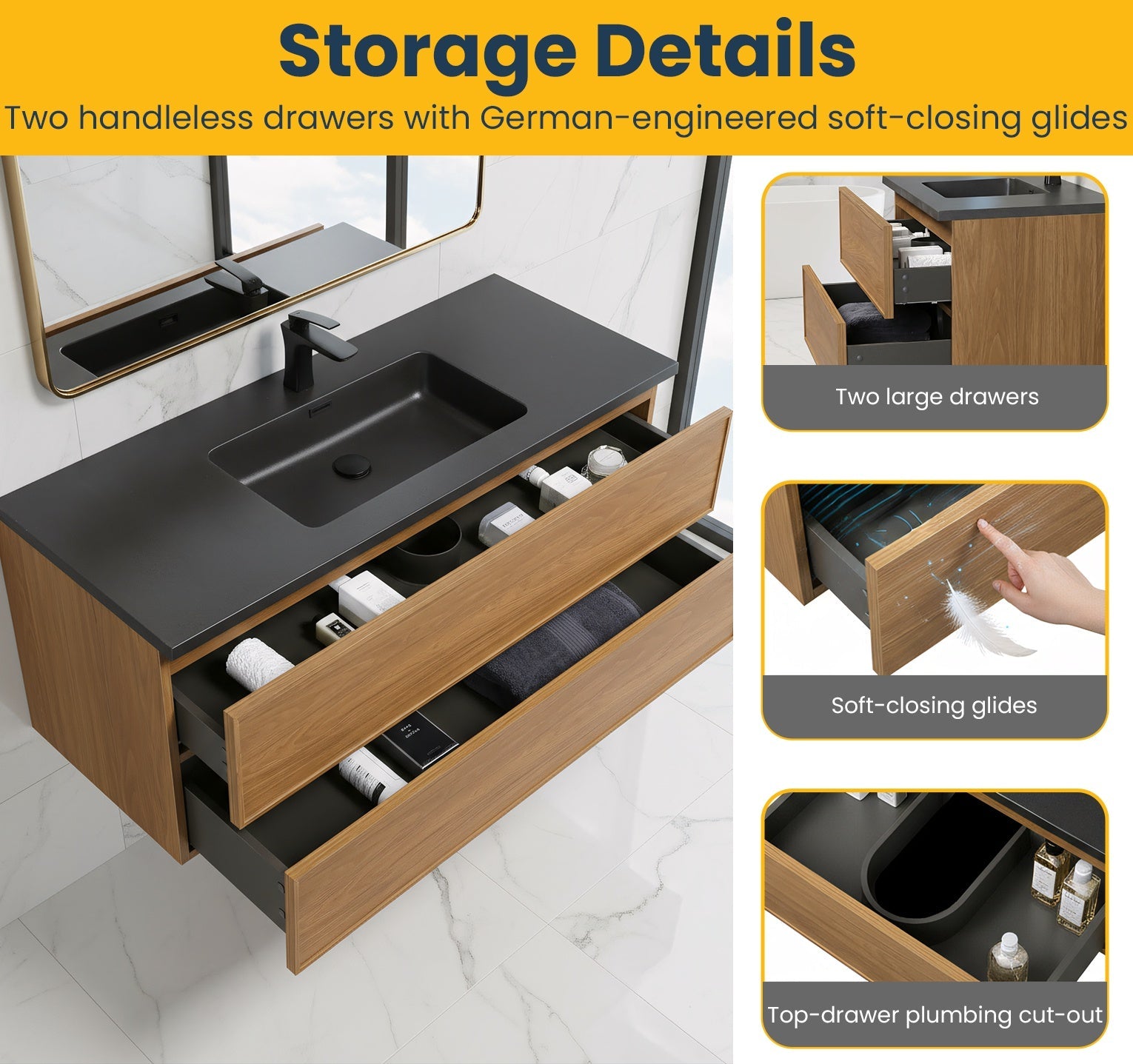 48" Honey Gold Walnut Wall Mount Bathroom Vanity with Black Engineered Quartz Countertop-Migration_Bathroom Vanities-DECOROLALA