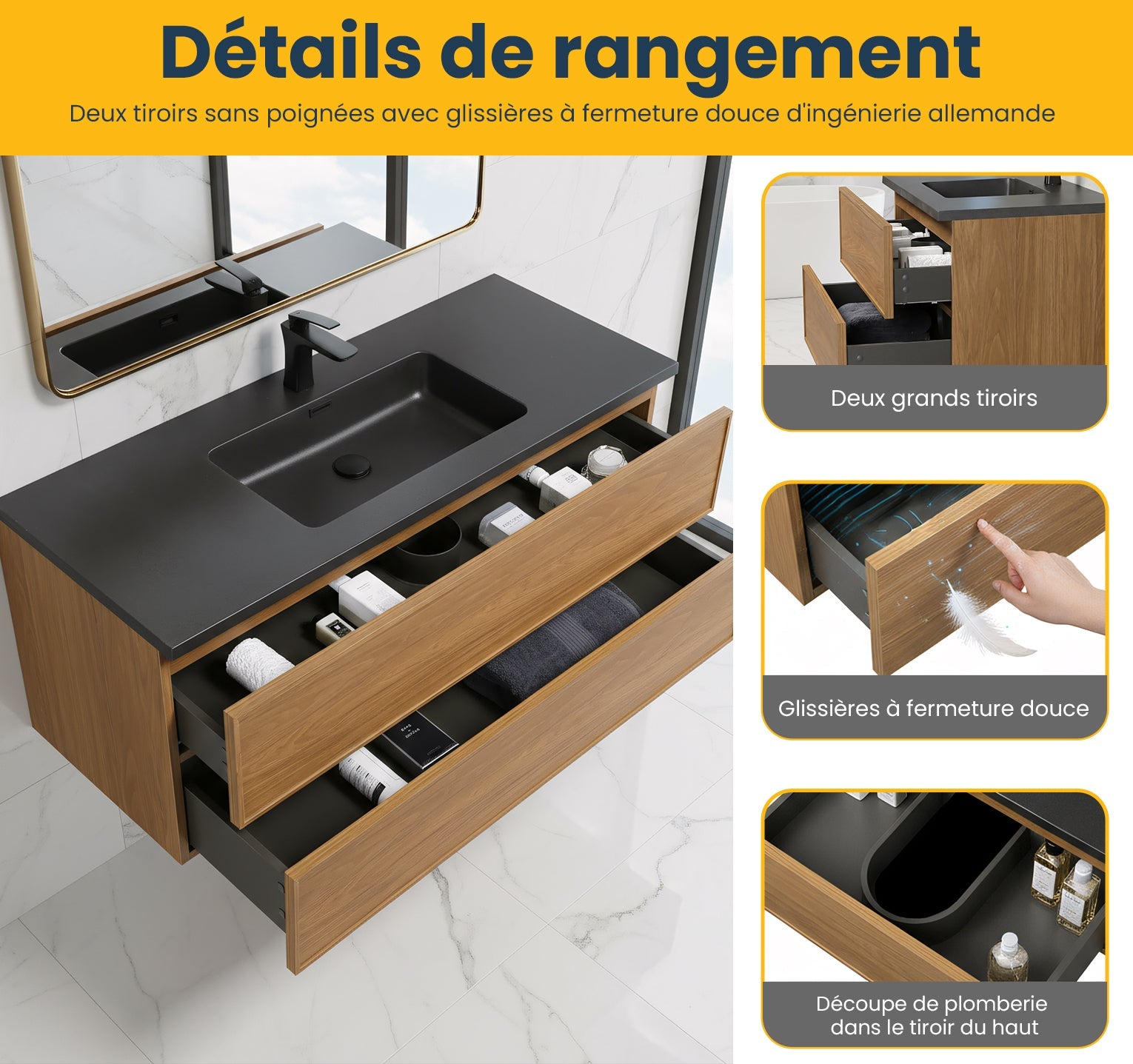 48" Honey Gold Walnut Wall Mount Bathroom Vanity with Black Engineered Quartz Countertop-Migration_Bathroom Vanities-DECOROLALA