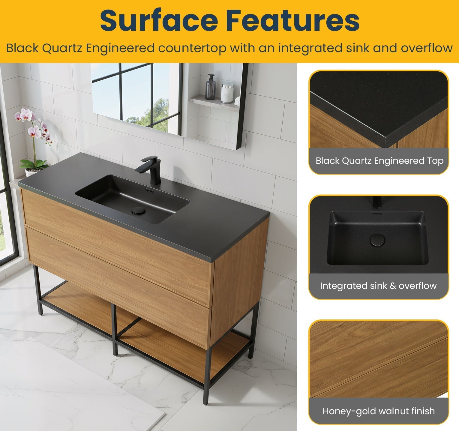 48" Honey Gold Walnut Wall Mount Bathroom Vanity with Black Engineered Quartz Countertop-Migration_Bathroom Vanities-DECOROLALA