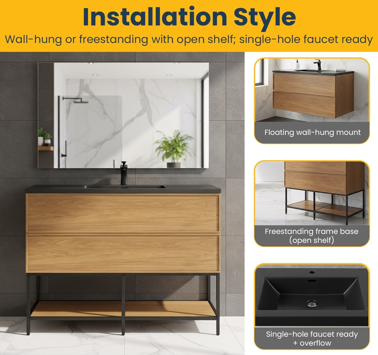 48" Honey Gold Walnut Wall Mount Bathroom Vanity with Black Engineered Quartz Countertop-Migration_Bathroom Vanities-DECOROLALA