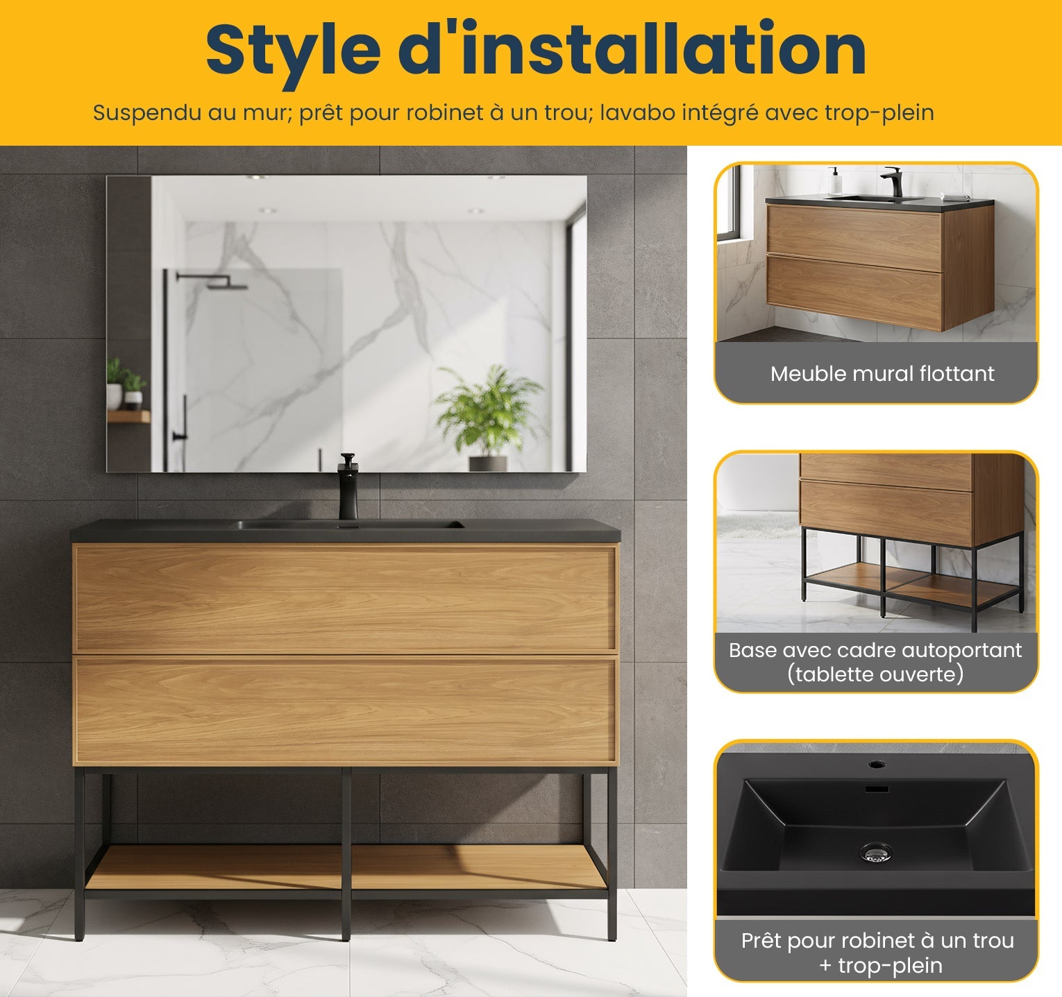 48" Honey Gold Walnut Wall Mount Bathroom Vanity with Black Engineered Quartz Countertop-Migration_Bathroom Vanities-DECOROLALA