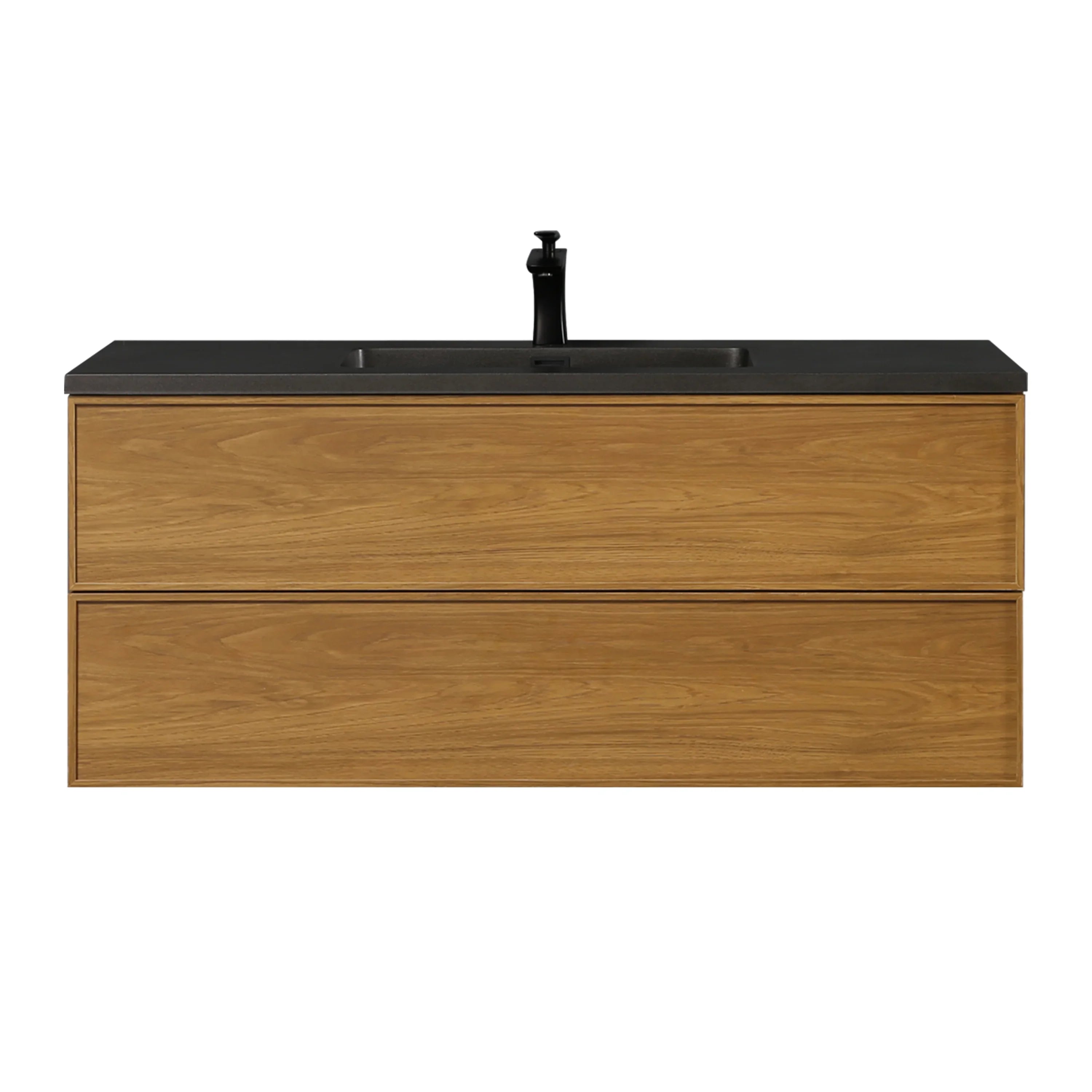 48" Honey Gold Walnut Wall Mount Bathroom Vanity with Black Engineered Quartz Countertop-Migration_Bathroom Vanities-DECOROLALA