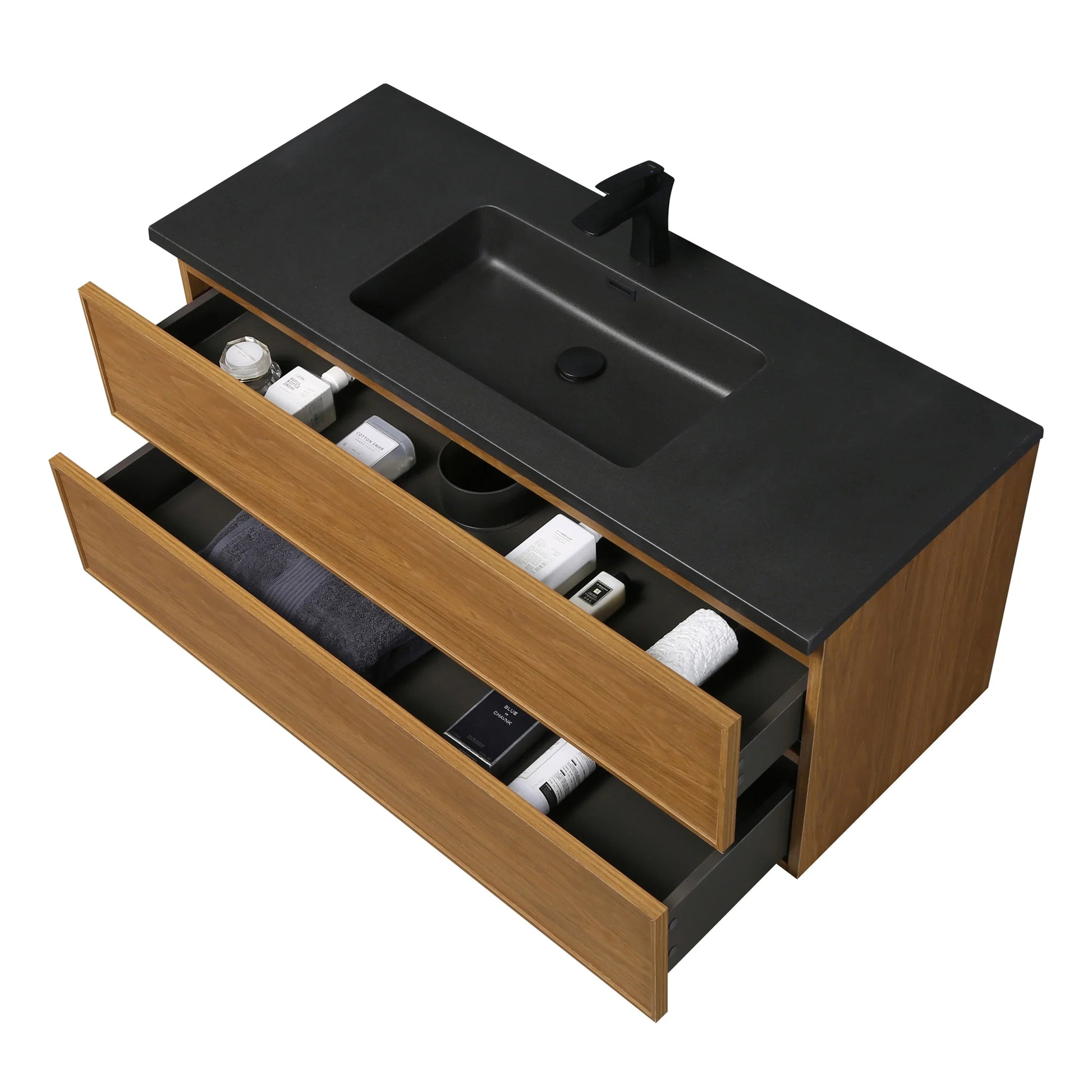 48" Honey Gold Walnut Wall Mount Bathroom Vanity with Black Engineered Quartz Countertop-Migration_Bathroom Vanities-DECOROLALA