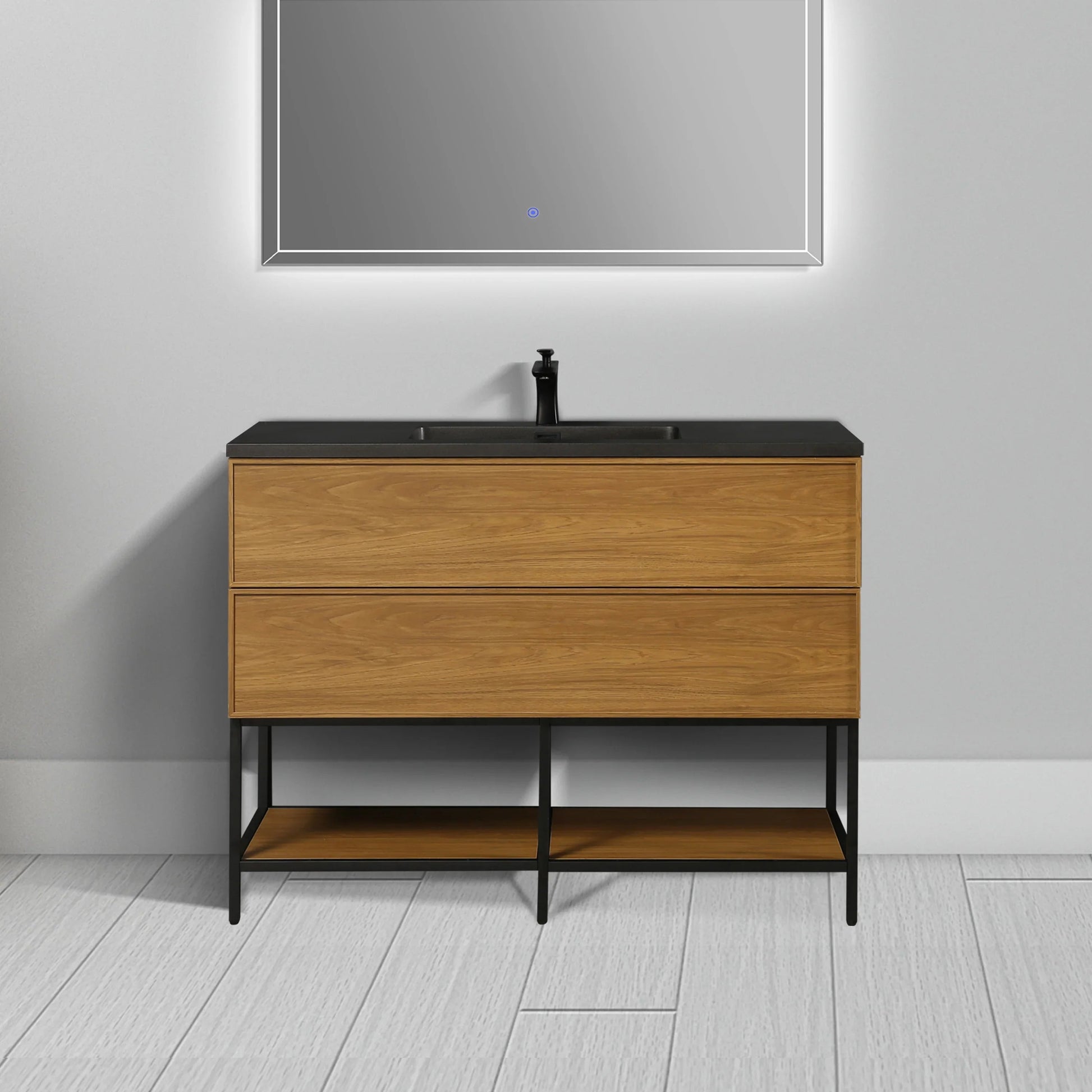 48" Honey Gold Walnut Wall Mount Bathroom Vanity with Black Engineered Quartz Countertop-Migration_Bathroom Vanities-DECOROLALA