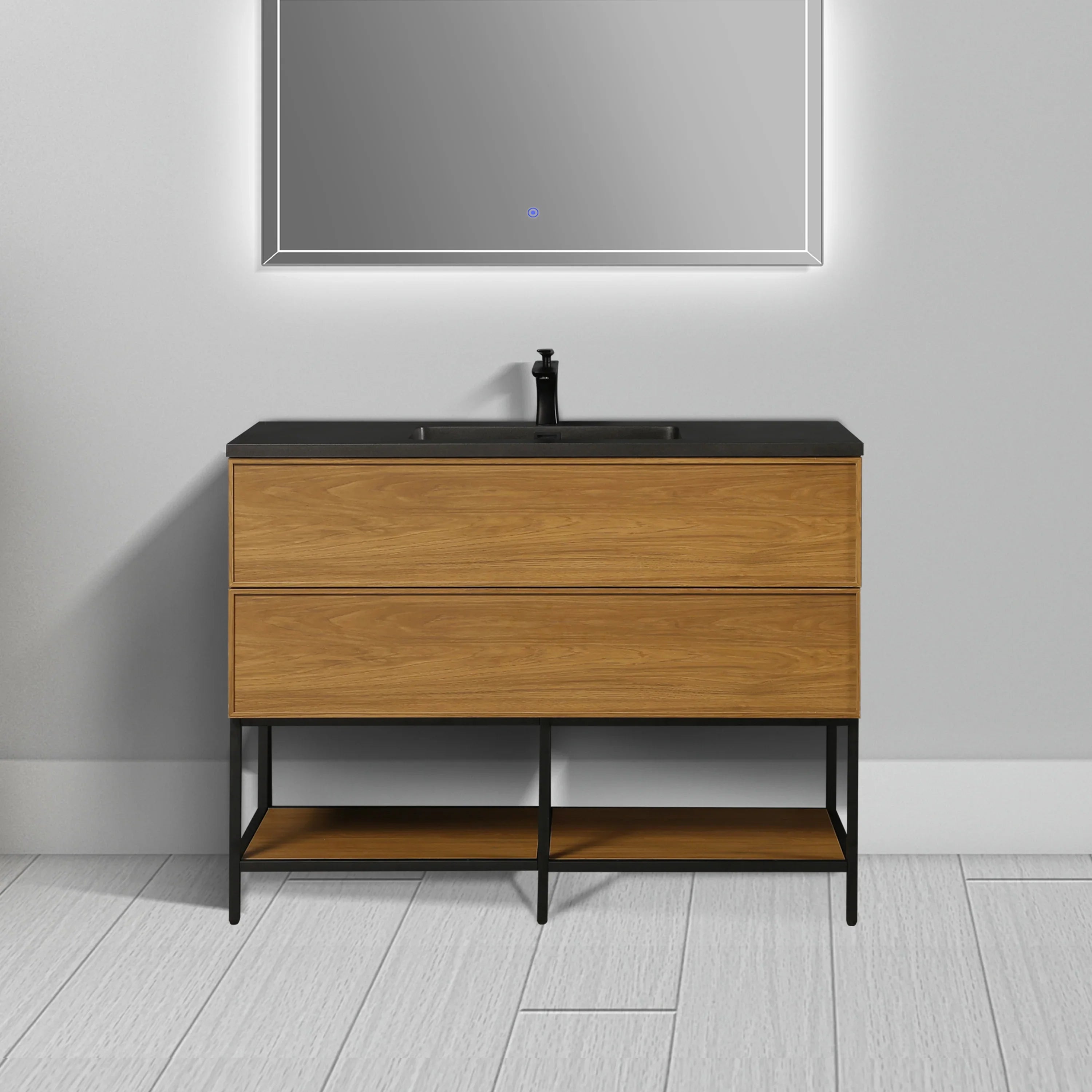 48" Honey Gold Walnut Wall Mount Bathroom Vanity with Black Engineered Quartz Countertop-Migration_Bathroom Vanities-DECOROLALA