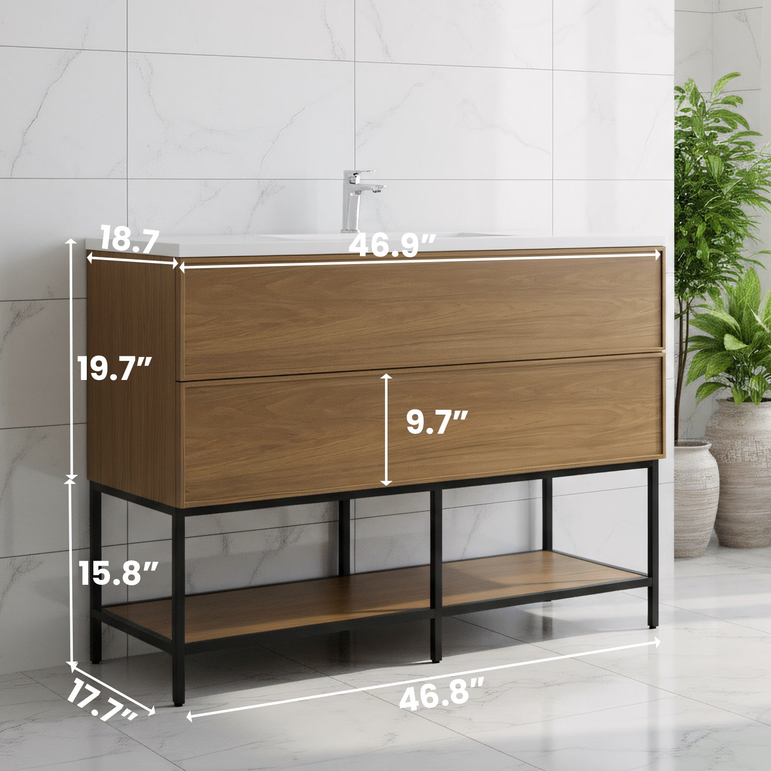 48" Honey Gold Walnut Wall Mount Bathroom Vanity with White Polymarble Countertop-Migration_Bathroom Vanities-DECOROLALA