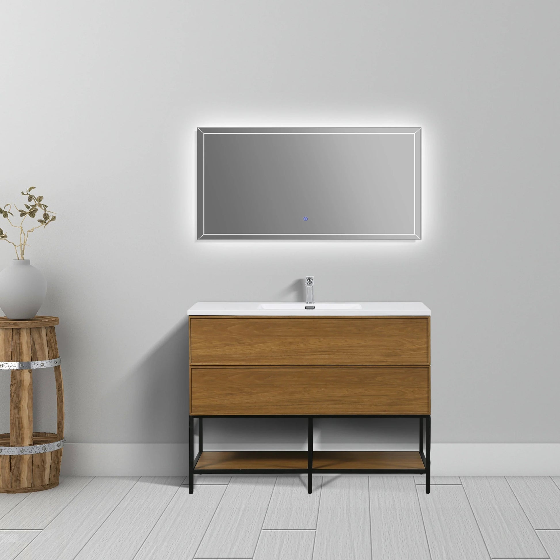 48" Honey Gold Walnut Wall Mount Bathroom Vanity with White Polymarble Countertop-Migration_Bathroom Vanities-DECOROLALA