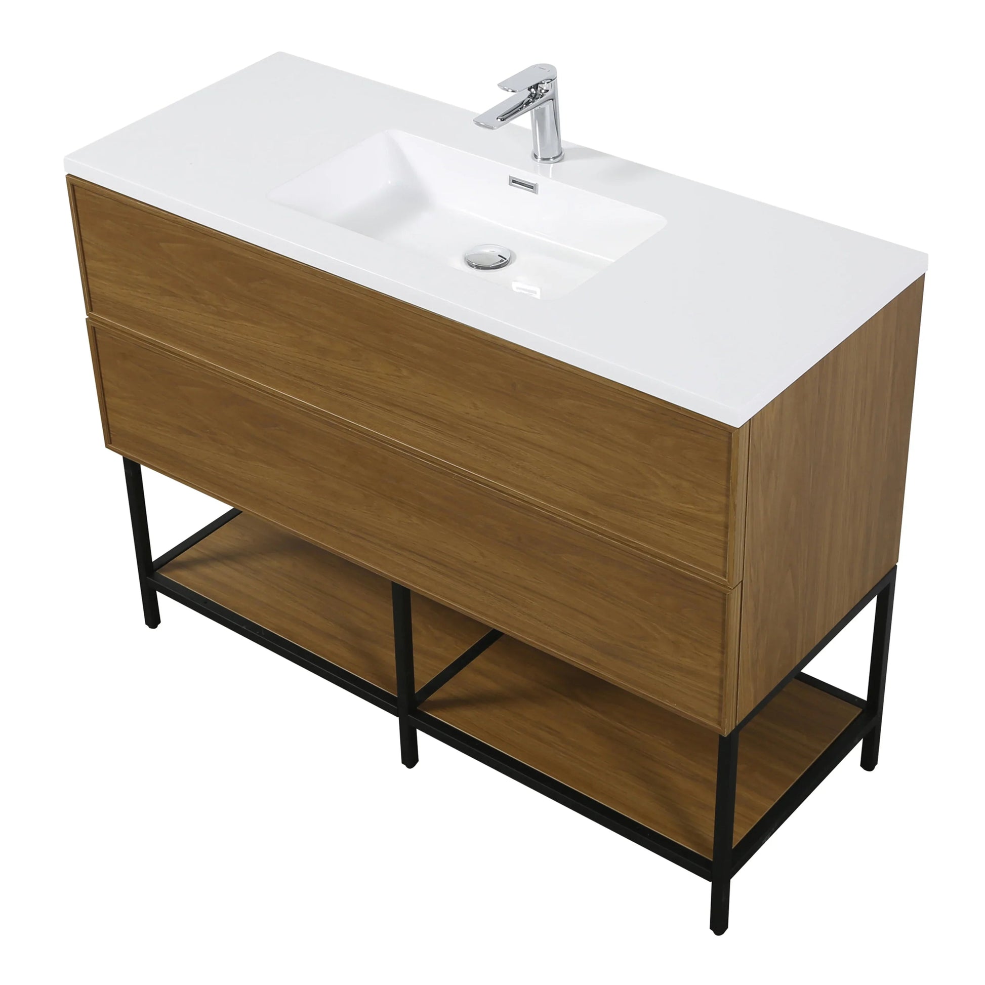 48" Honey Gold Walnut Wall Mount Bathroom Vanity with White Polymarble Countertop-Migration_Bathroom Vanities-DECOROLALA