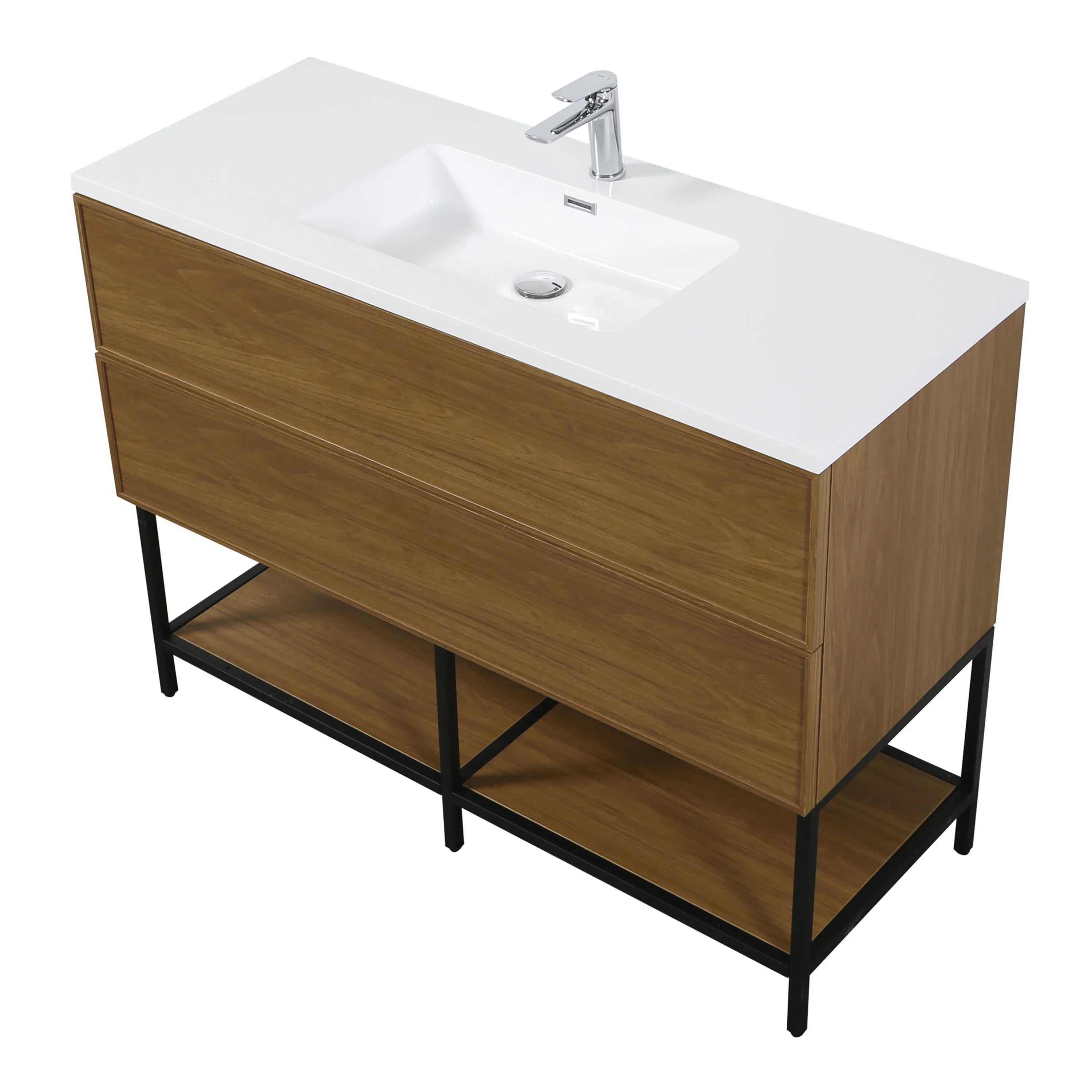 48" Honey Gold Walnut Wall Mount Bathroom Vanity with White Polymarble Countertop-Migration_Bathroom Vanities-DECOROLALA