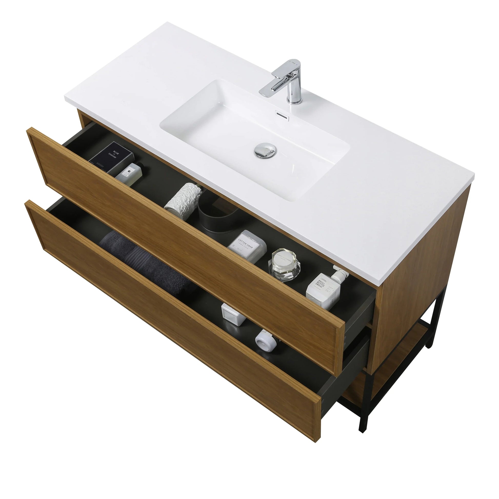 48" Honey Gold Walnut Wall Mount Bathroom Vanity with White Polymarble Countertop-Migration_Bathroom Vanities-DECOROLALA