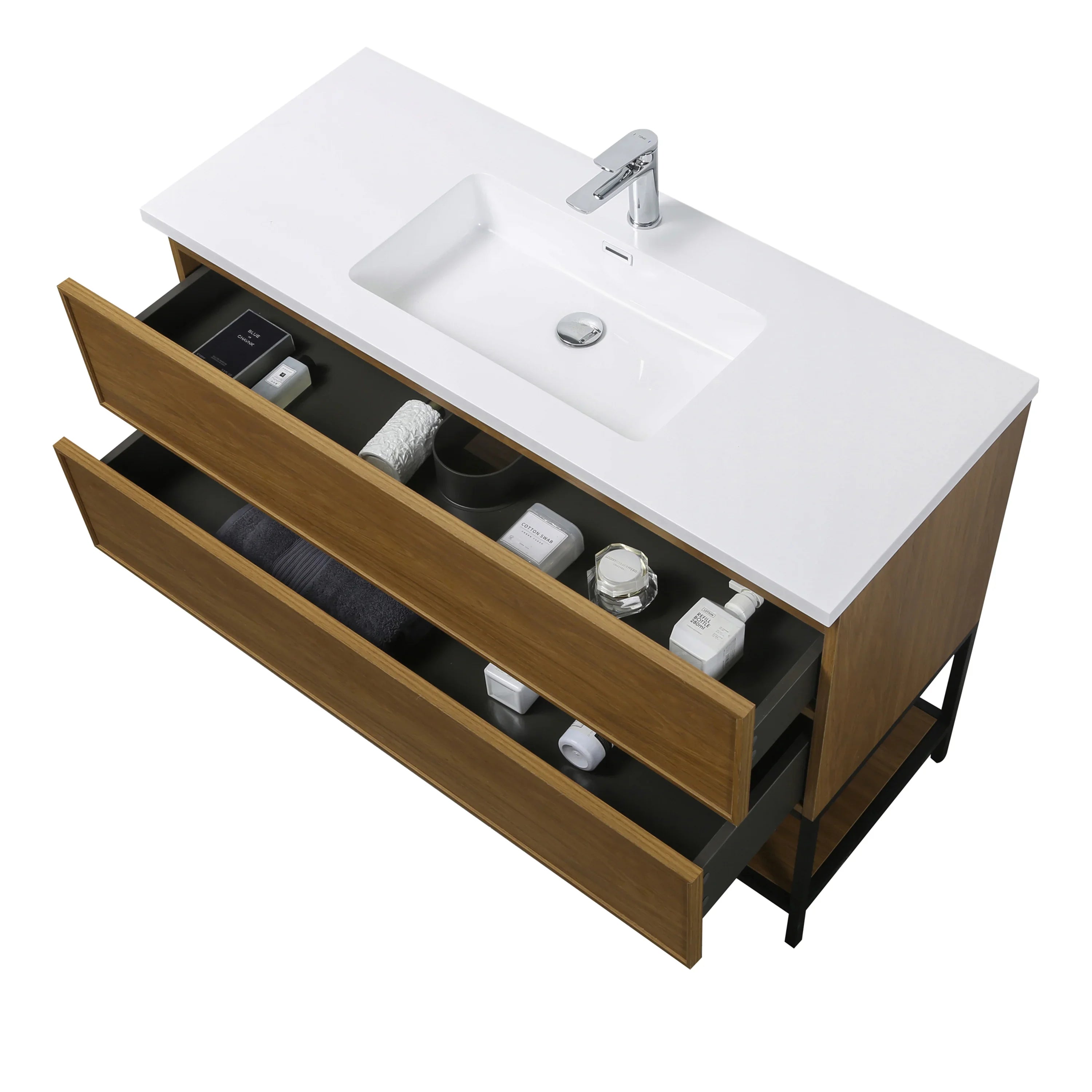 48" Honey Gold Walnut Wall Mount Bathroom Vanity with White Polymarble Countertop-Migration_Bathroom Vanities-DECOROLALA