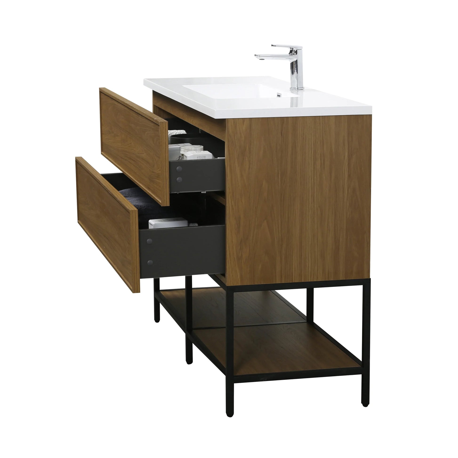 48" Honey Gold Walnut Wall Mount Bathroom Vanity with White Polymarble Countertop-Migration_Bathroom Vanities-DECOROLALA