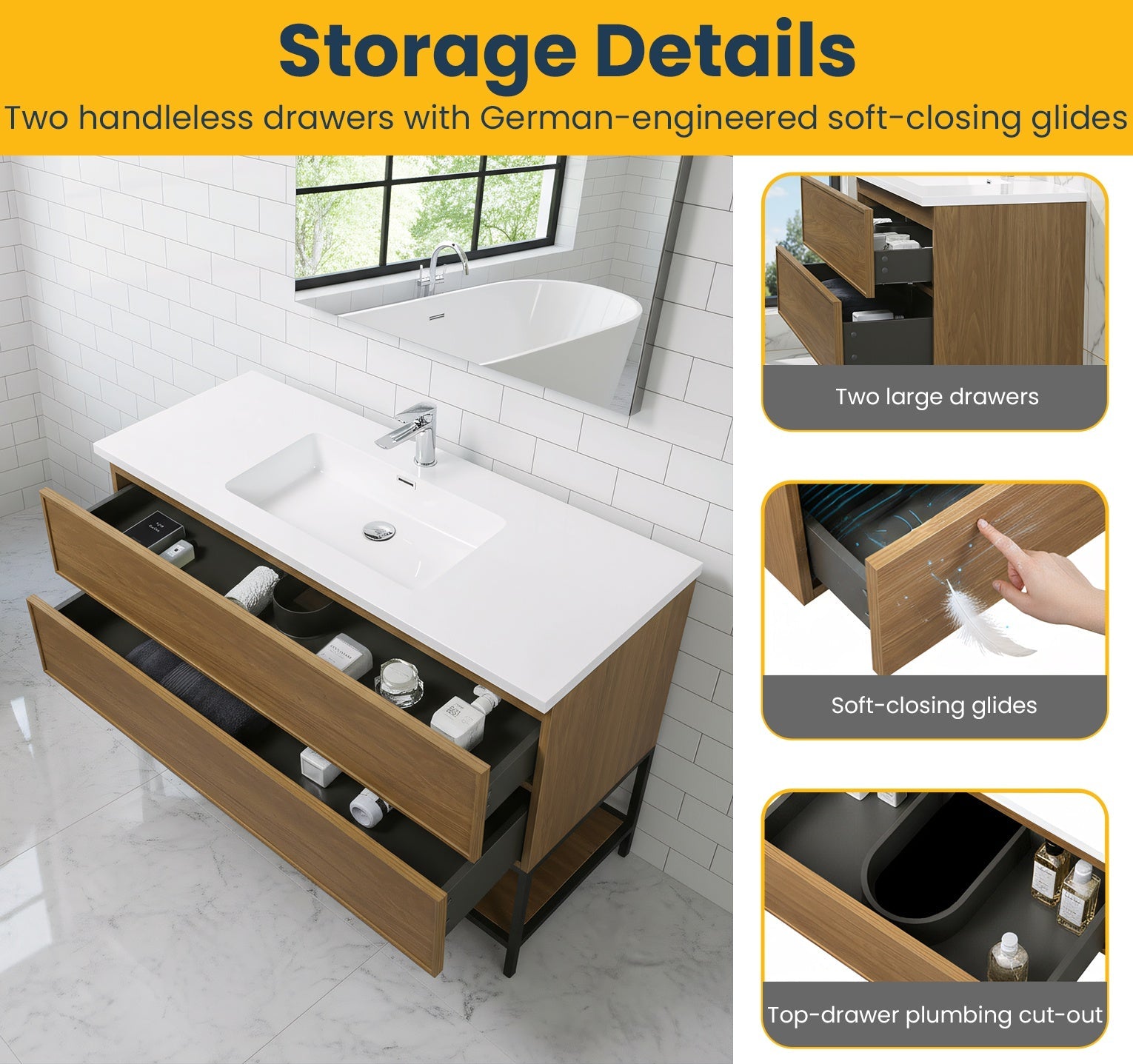 48" Honey Gold Walnut Wall Mount Bathroom Vanity with White Polymarble Countertop-Migration_Bathroom Vanities-DECOROLALA