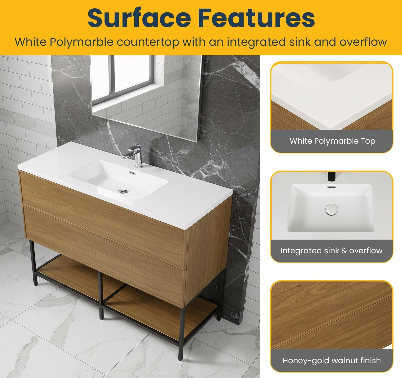 48" Honey Gold Walnut Wall Mount Bathroom Vanity with White Polymarble Countertop-Migration_Bathroom Vanities-DECOROLALA