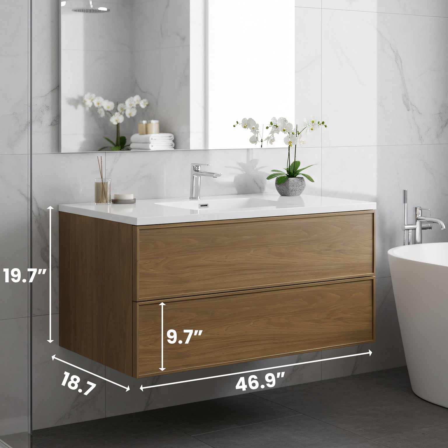 48" Honey Gold Walnut Wall Mount Bathroom Vanity with White Polymarble Countertop-Migration_Bathroom Vanities-DECOROLALA