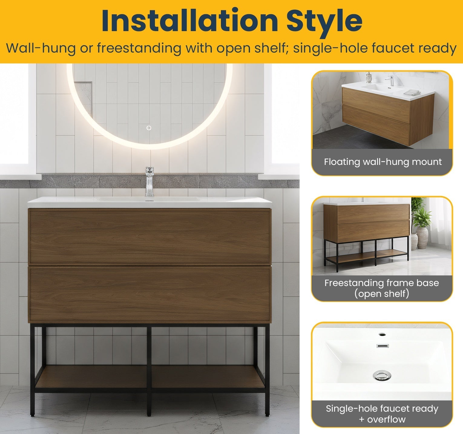 48" Honey Gold Walnut Wall Mount Bathroom Vanity with White Polymarble Countertop-Migration_Bathroom Vanities-DECOROLALA