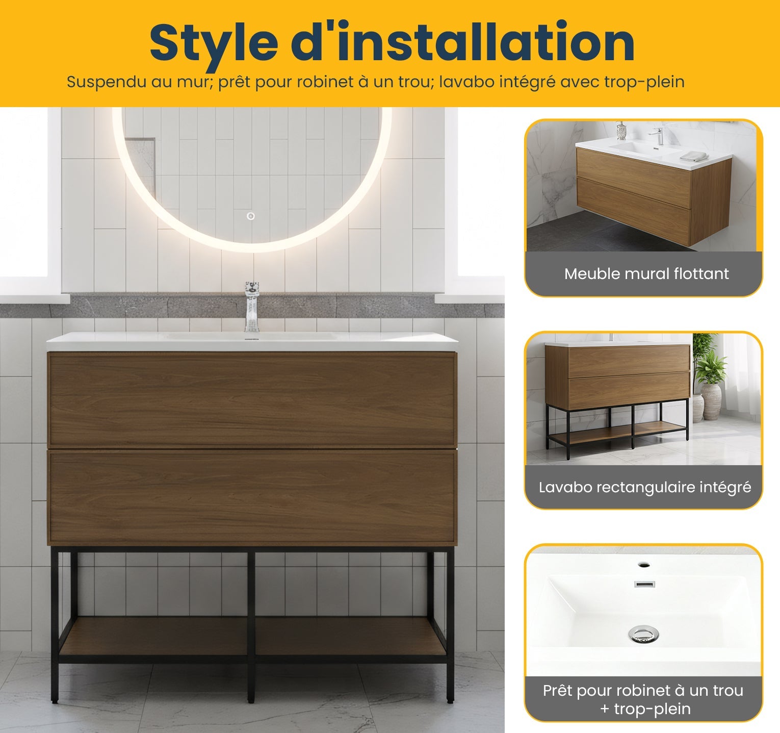 48" Honey Gold Walnut Wall Mount Bathroom Vanity with White Polymarble Countertop-Migration_Bathroom Vanities-DECOROLALA