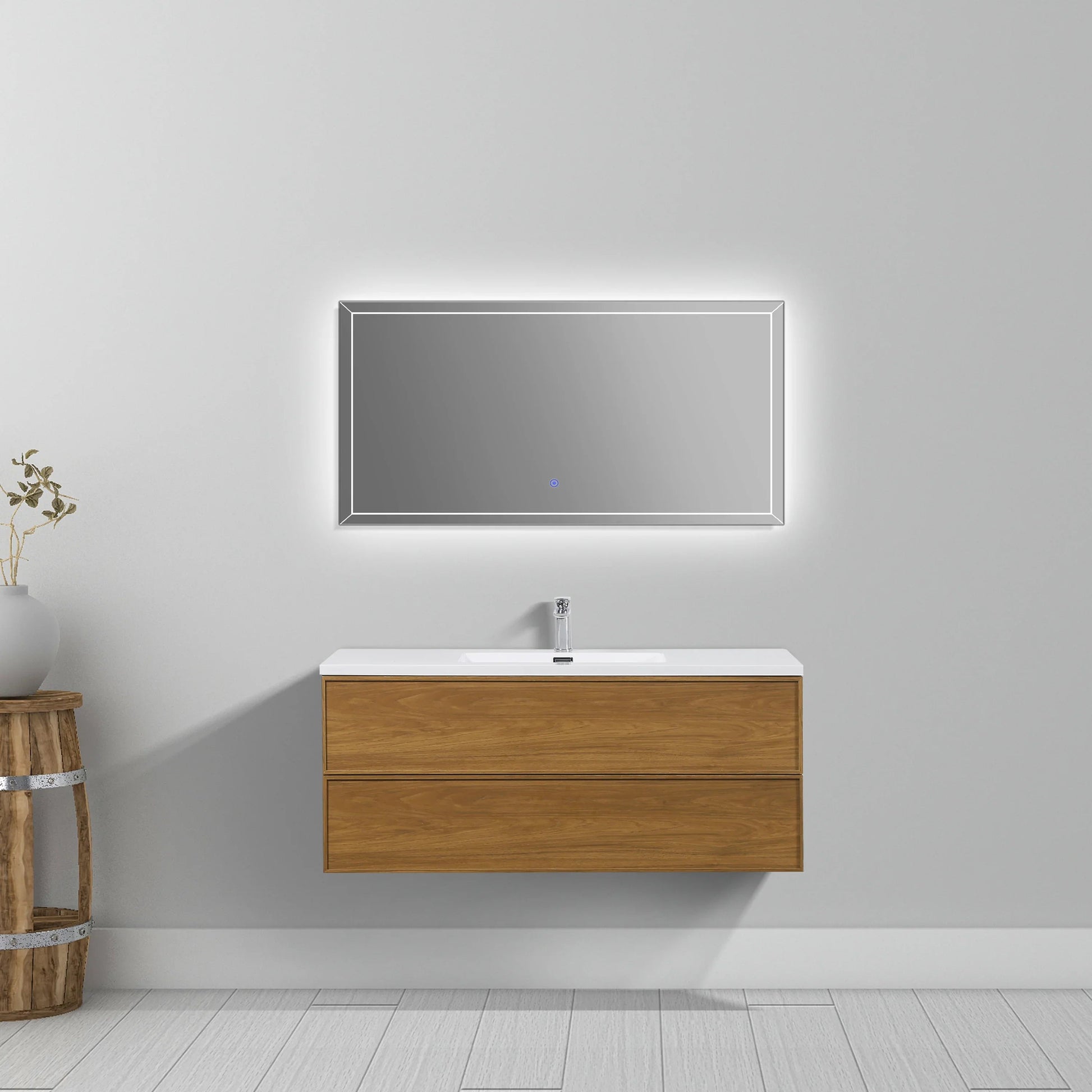 48" Honey Gold Walnut Wall Mount Bathroom Vanity with White Polymarble Countertop-Migration_Bathroom Vanities-DECOROLALA