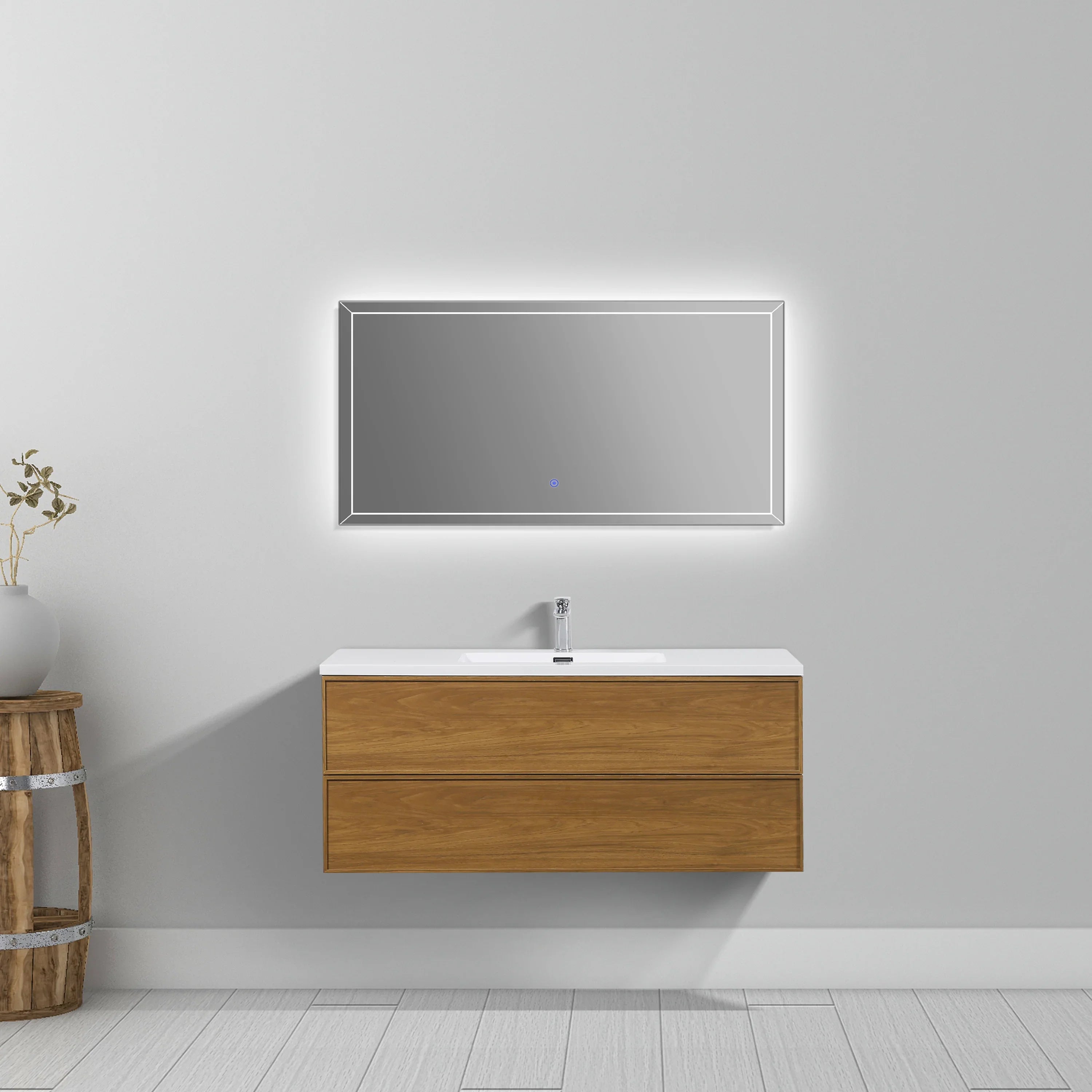 48" Honey Gold Walnut Wall Mount Bathroom Vanity with White Polymarble Countertop-Migration_Bathroom Vanities-DECOROLALA