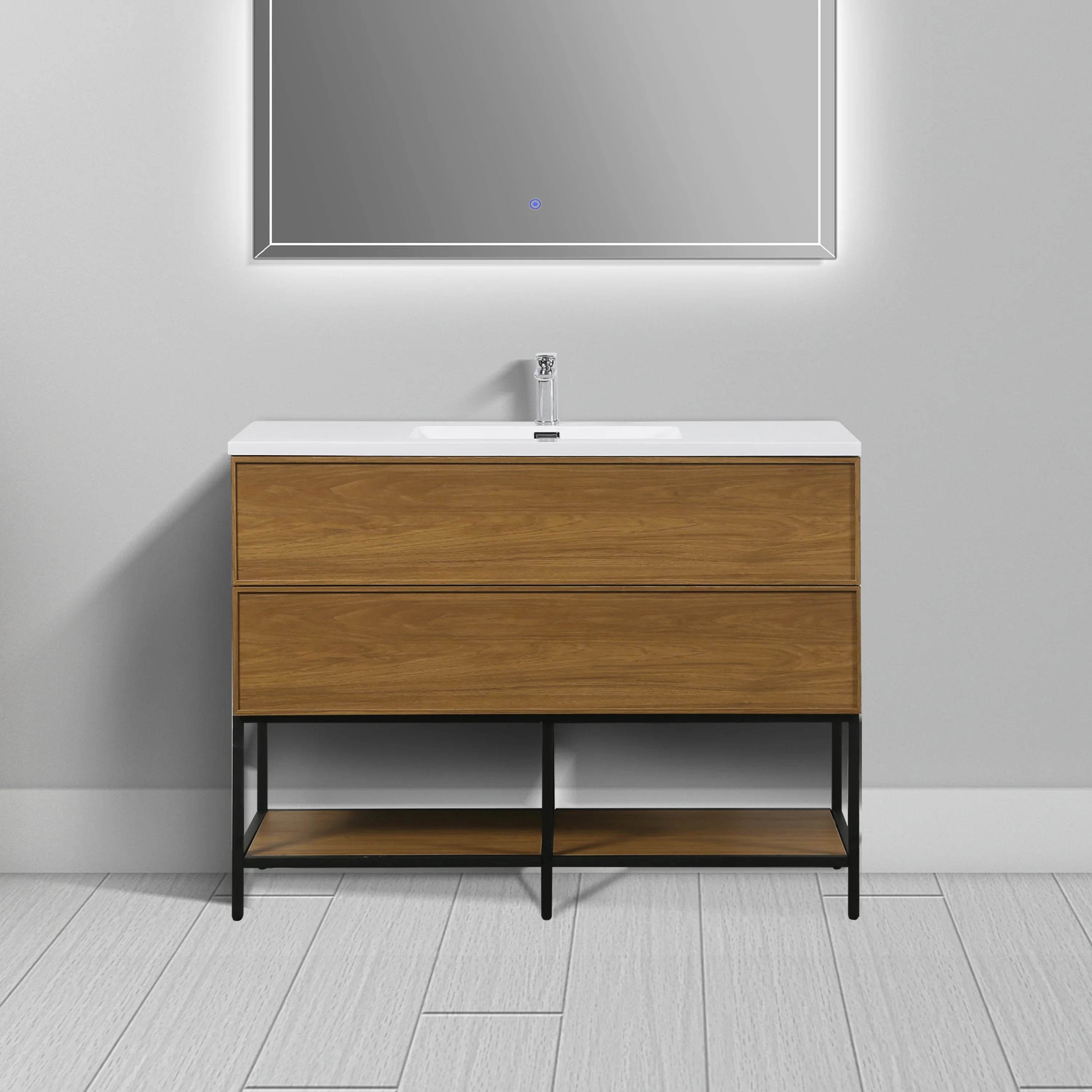 48" Honey Gold Walnut Wall Mount Bathroom Vanity with White Polymarble Countertop-Migration_Bathroom Vanities-DECOROLALA