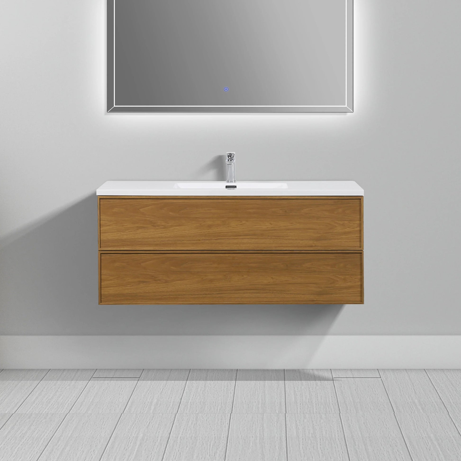 48" Honey Gold Walnut Wall Mount Bathroom Vanity with White Polymarble Countertop-Migration_Bathroom Vanities-DECOROLALA