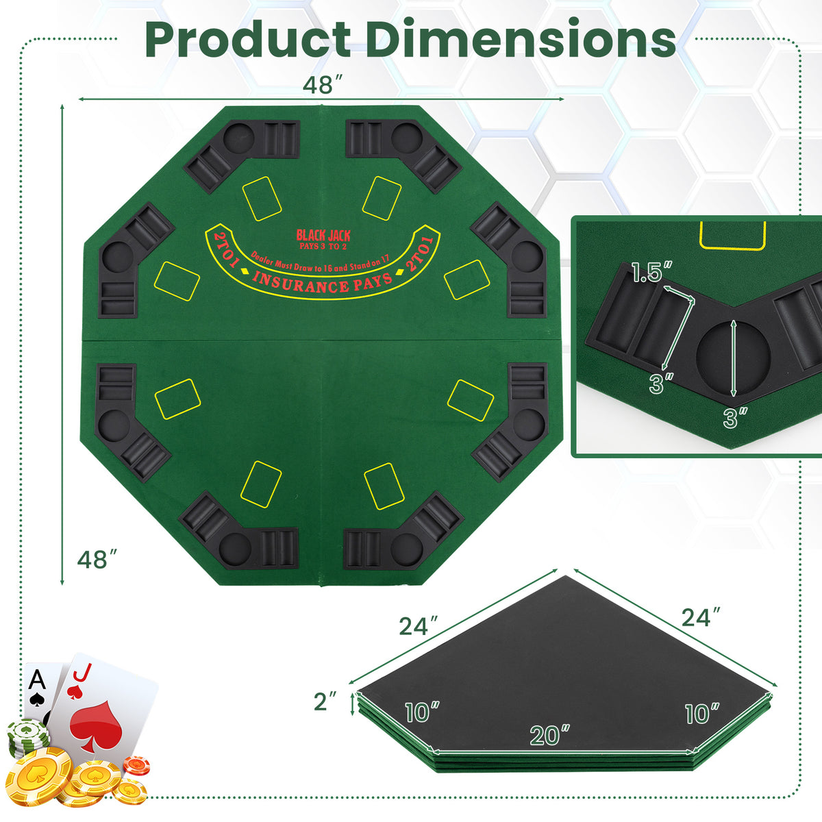 48 Inch 8-Player Foldable Poker Table Top with Carrying Bag and Cup Holders