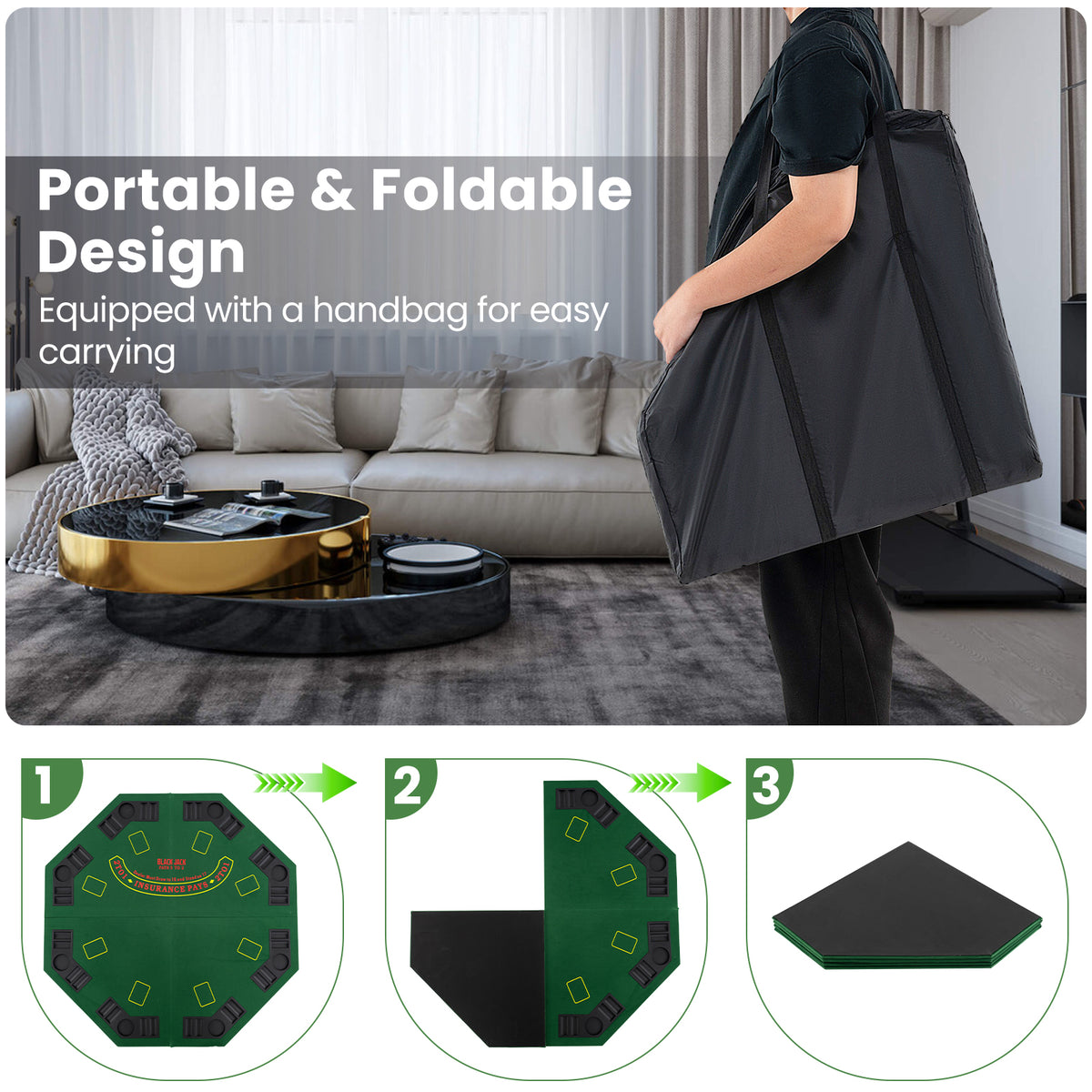 48 Inch 8-Player Foldable Poker Table Top with Carrying Bag and Cup Holders