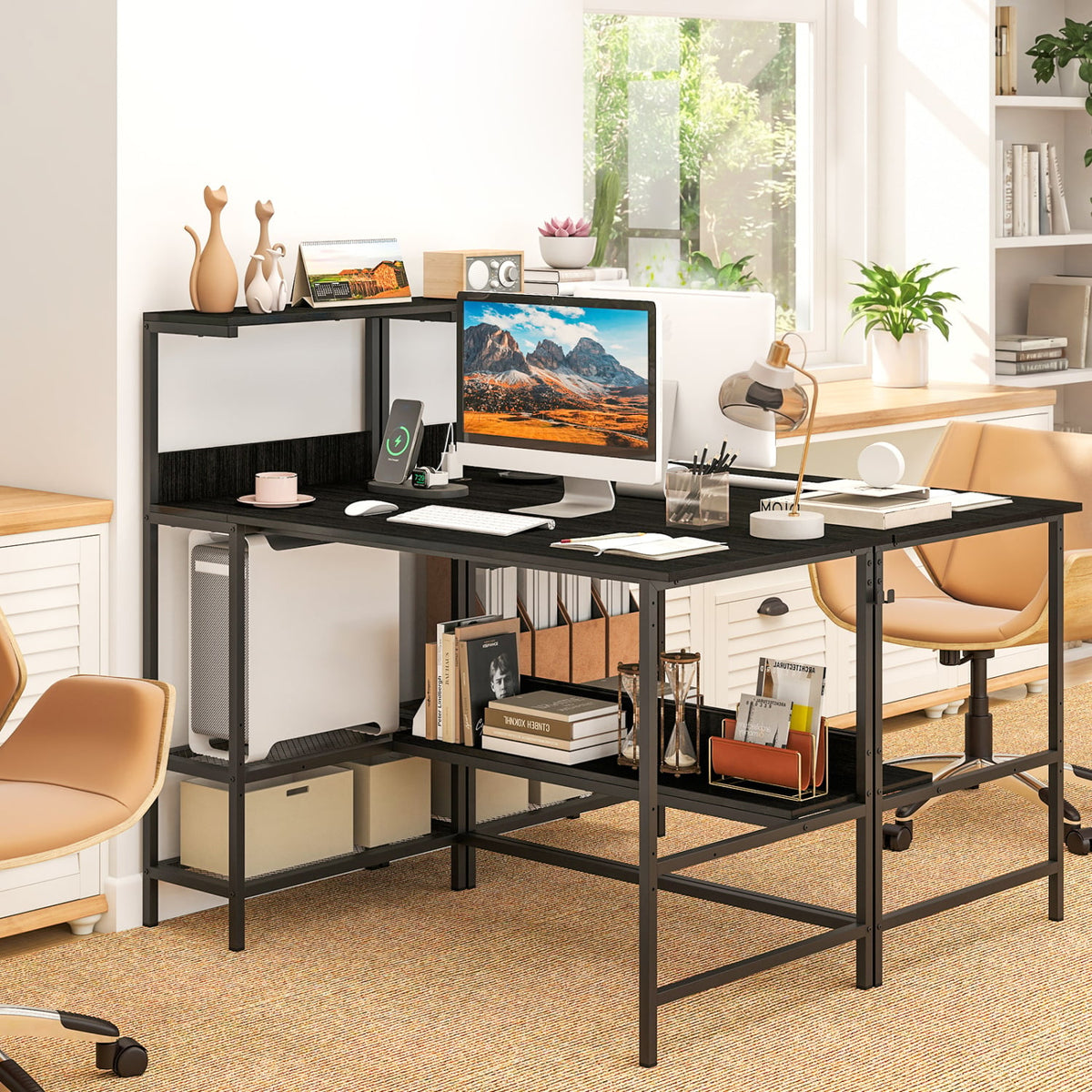 48 Inch Computer Desk with Power Outlets and Storage Shelves-Black-Computer Desks-DECOROLALA