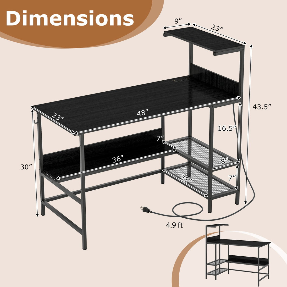 48 Inch Computer Desk with Power Outlets and Storage Shelves-Black-Computer Desks-DECOROLALA