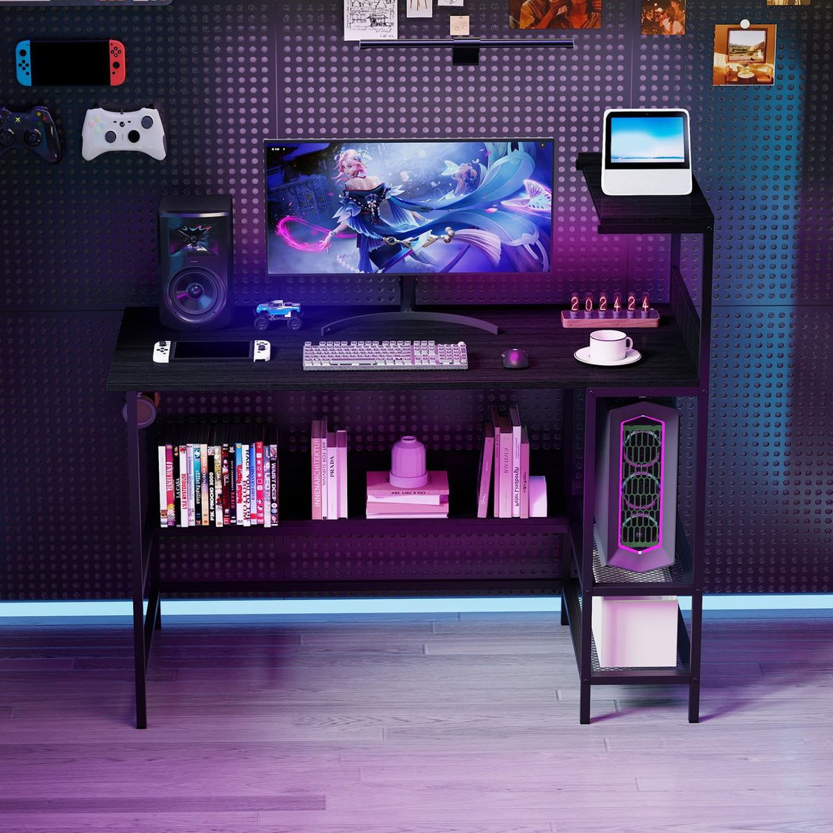 48 Inch Computer Desk with Power Outlets and Storage Shelves-Black-Computer Desks-DECOROLALA