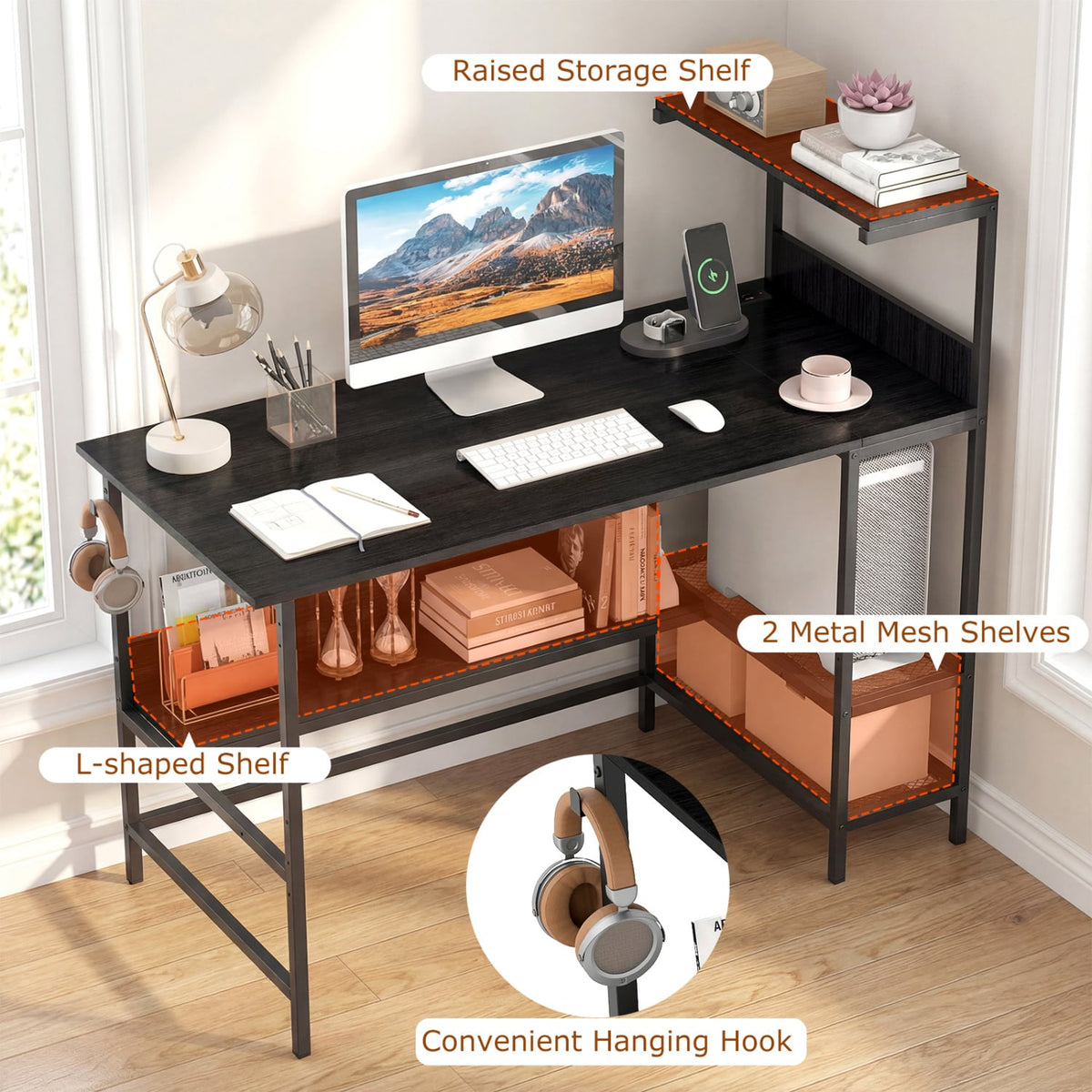 48 Inch Computer Desk with Power Outlets and Storage Shelves-Black-Computer Desks-DECOROLALA