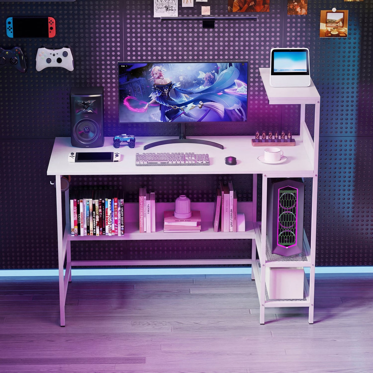 48 Inch Computer Desk with Power Outlets and Storage Shelves-White-Computer Desks-DECOROLALA