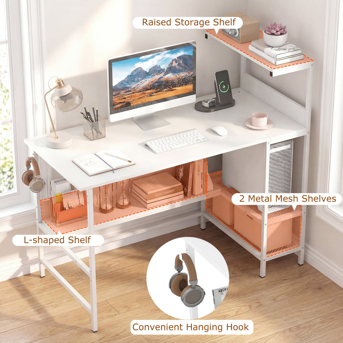 48 Inch Computer Desk with Power Outlets and Storage Shelves-White-Computer Desks-DECOROLALA