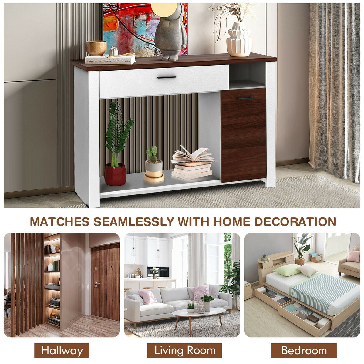 48 Inch Console Table with Drawer and Cabinet-Console Tables-DECOROLALA