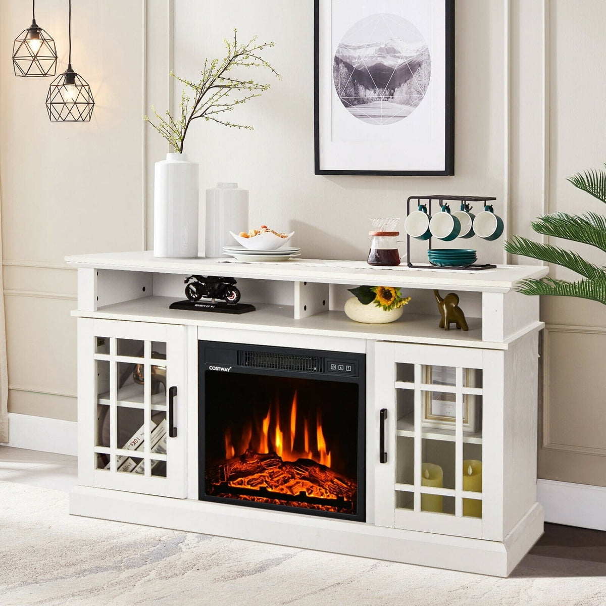 48 Inch Electric Fireplace TV Stand with Cabinets for TVs Up to 50 Inch-White-Entertainment Centers & TV Stands-DECOROLALA