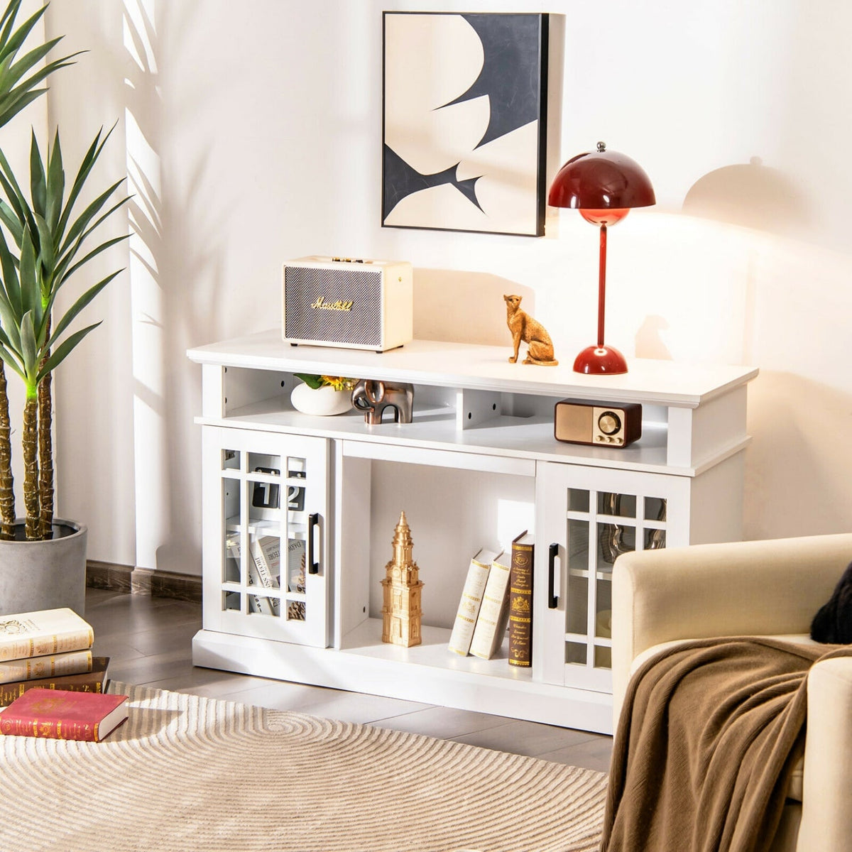 48 Inch Electric Fireplace TV Stand with Cabinets for TVs Up to 50 Inch-White-Entertainment Centers & TV Stands-DECOROLALA