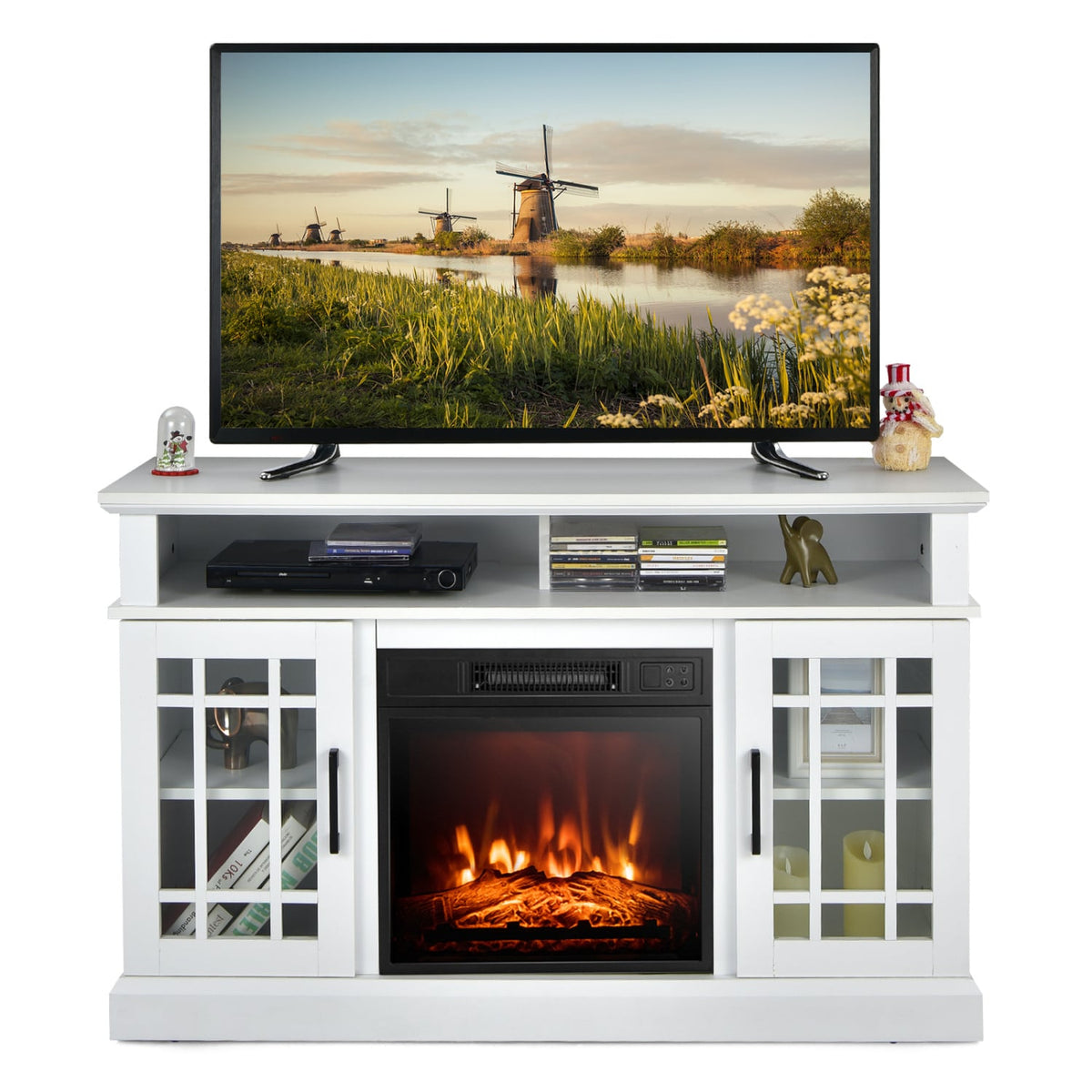 48 Inch Electric Fireplace TV Stand with Cabinets for TVs Up to 50 Inch-White-Entertainment Centers & TV Stands-DECOROLALA
